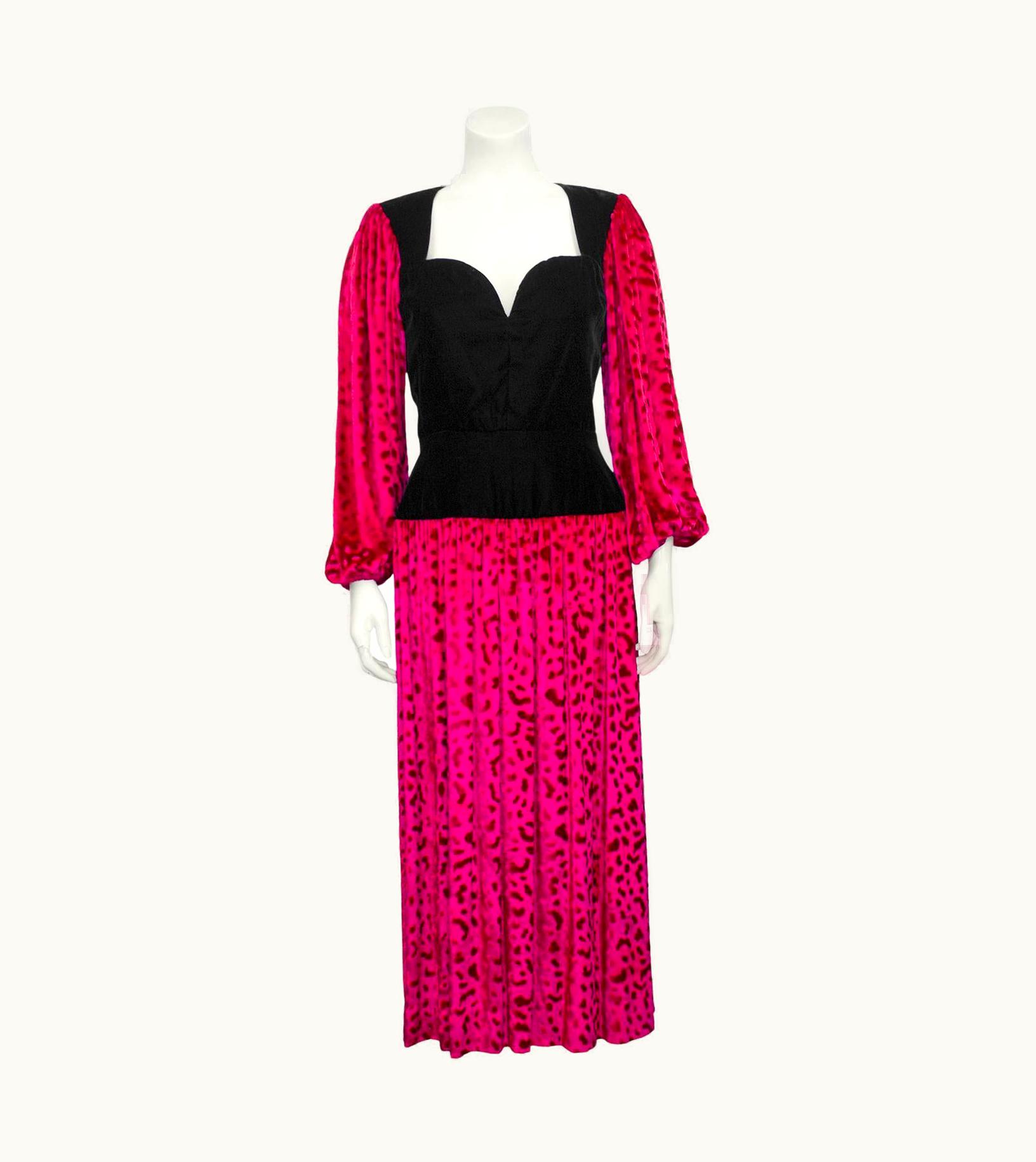 Saint Laurent Fall 1986 YSL Rive Gauche Black And Fuchsia Patterned Velvet Dress