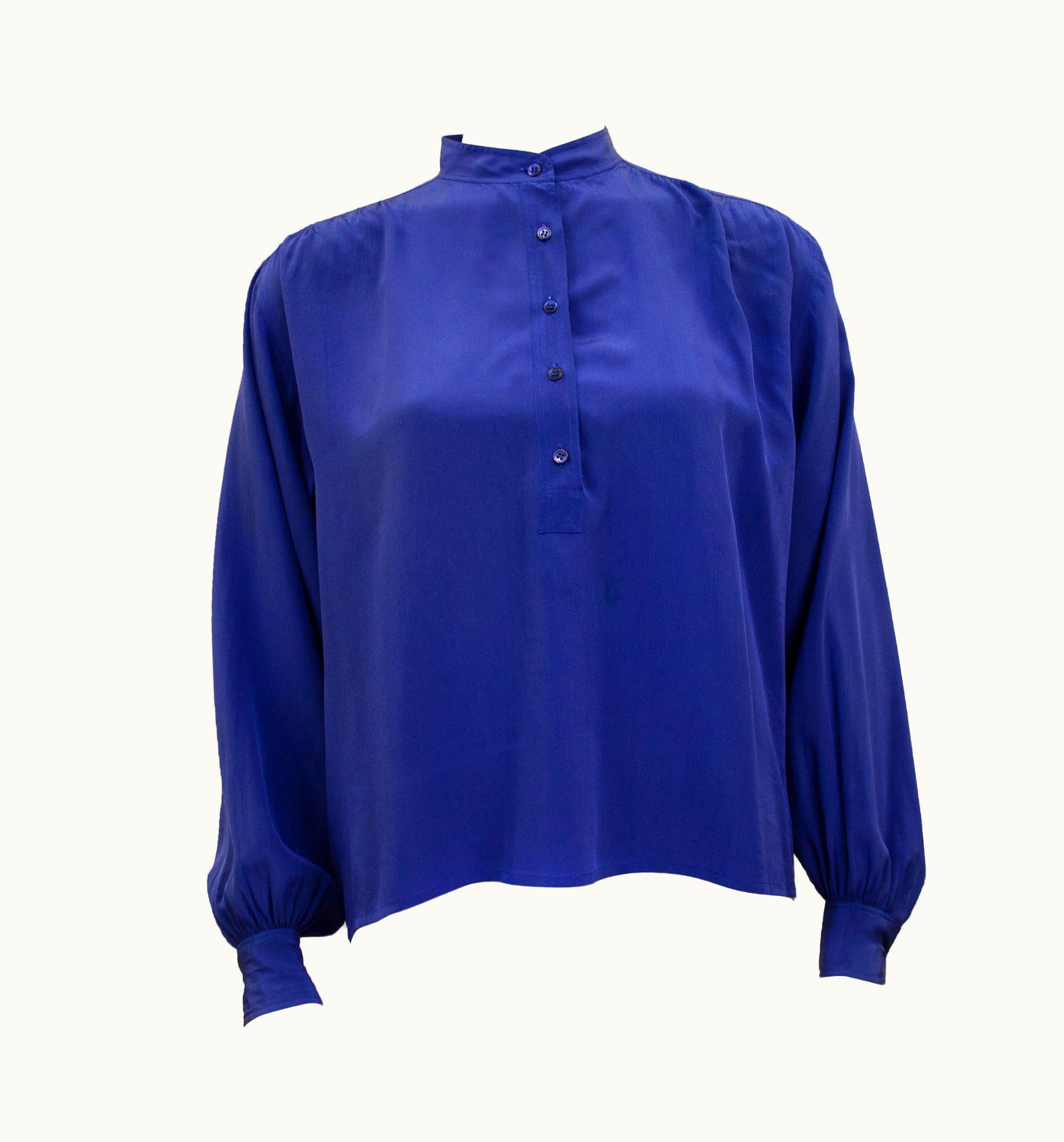 Saint Laurent 1980s Yves Saint Laurent Rive Gauche Blue Silk Henley Shirt
