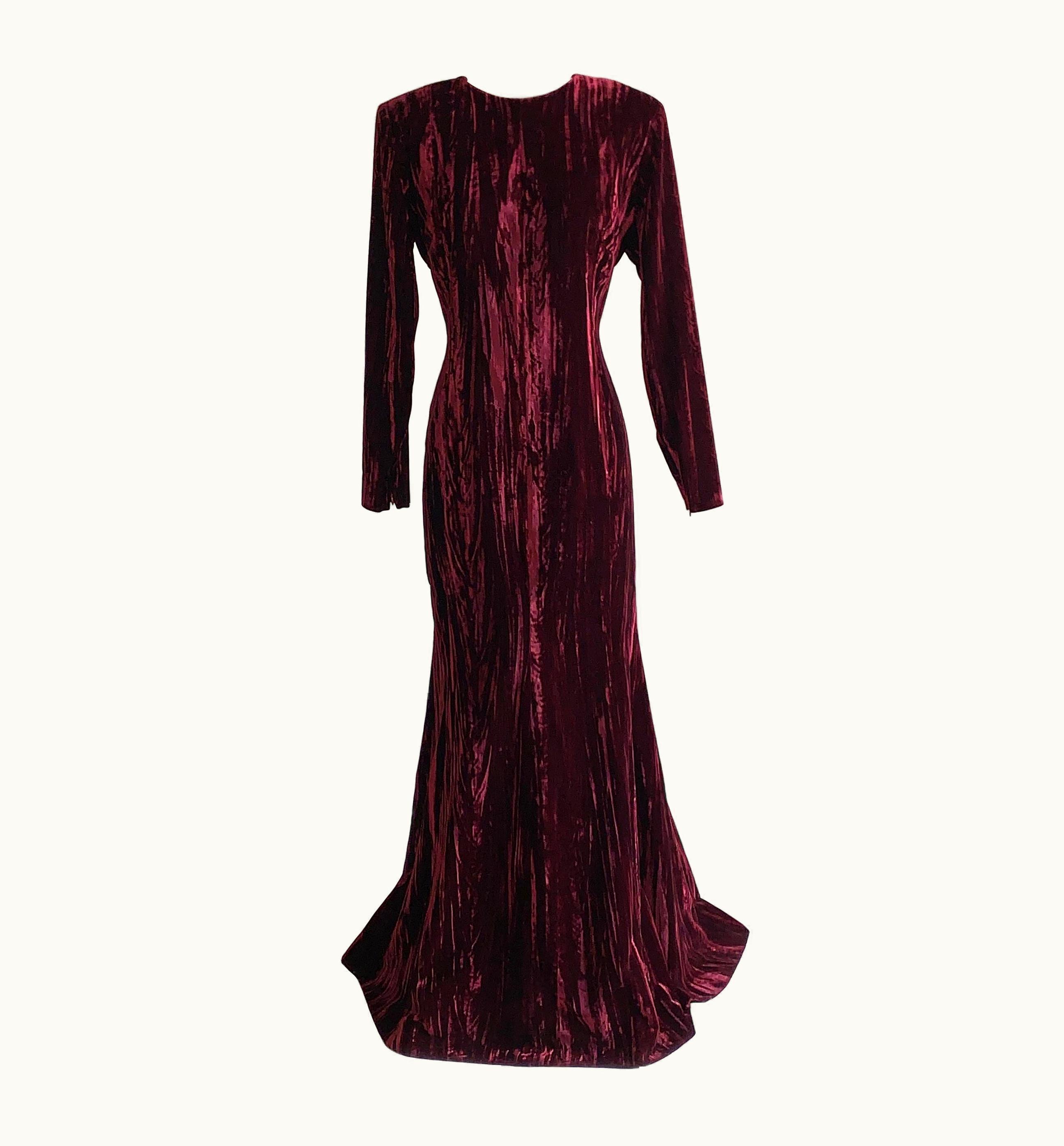 Saint Laurent Yves Saint Laurent 1980s Burgundy Red Textured Velvet Gown Maxi Dress