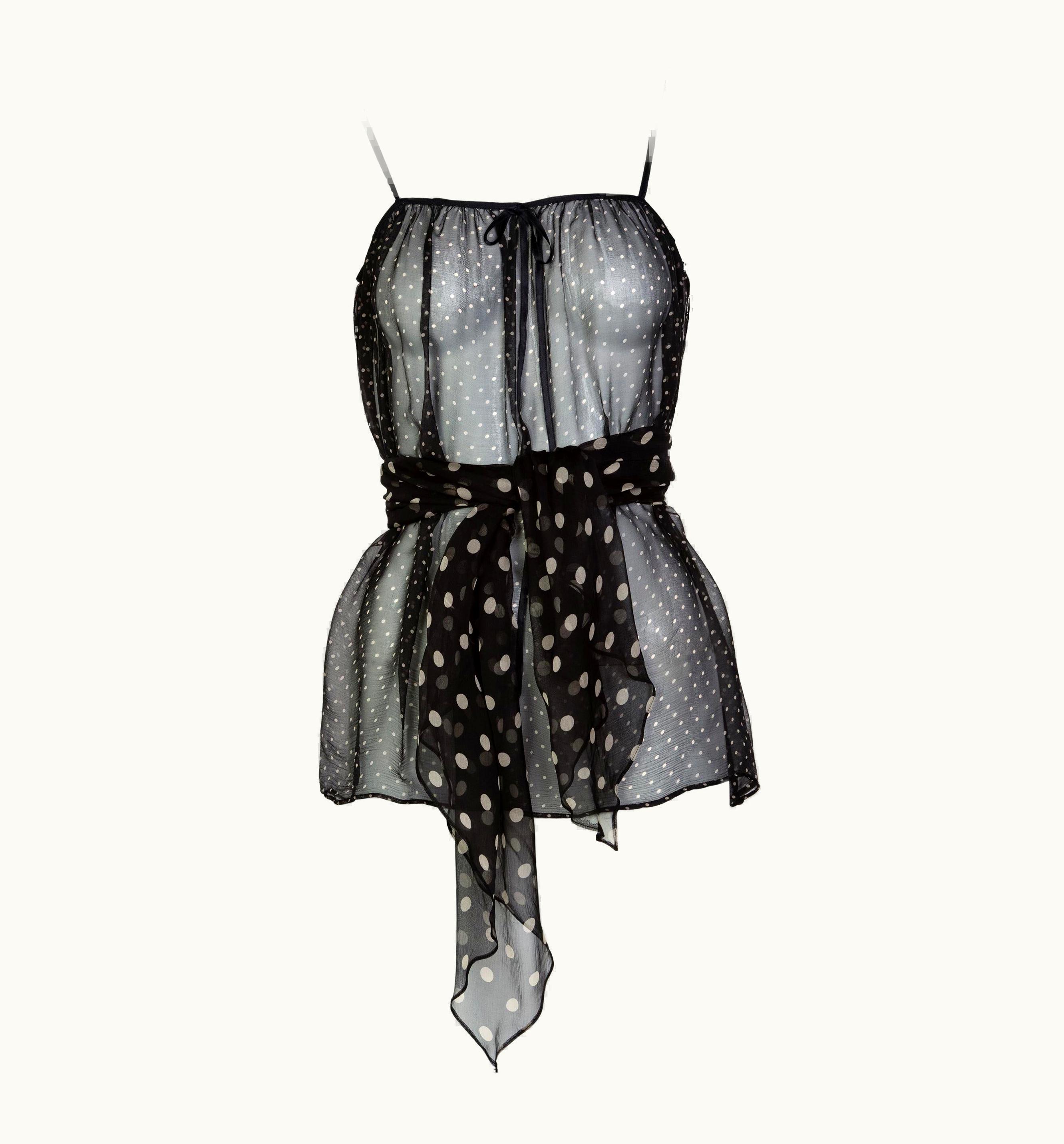 Saint Laurent Yves Saint Laurent Black Chiffon Polka Dot Camisole Top YSL Runway, 1980s