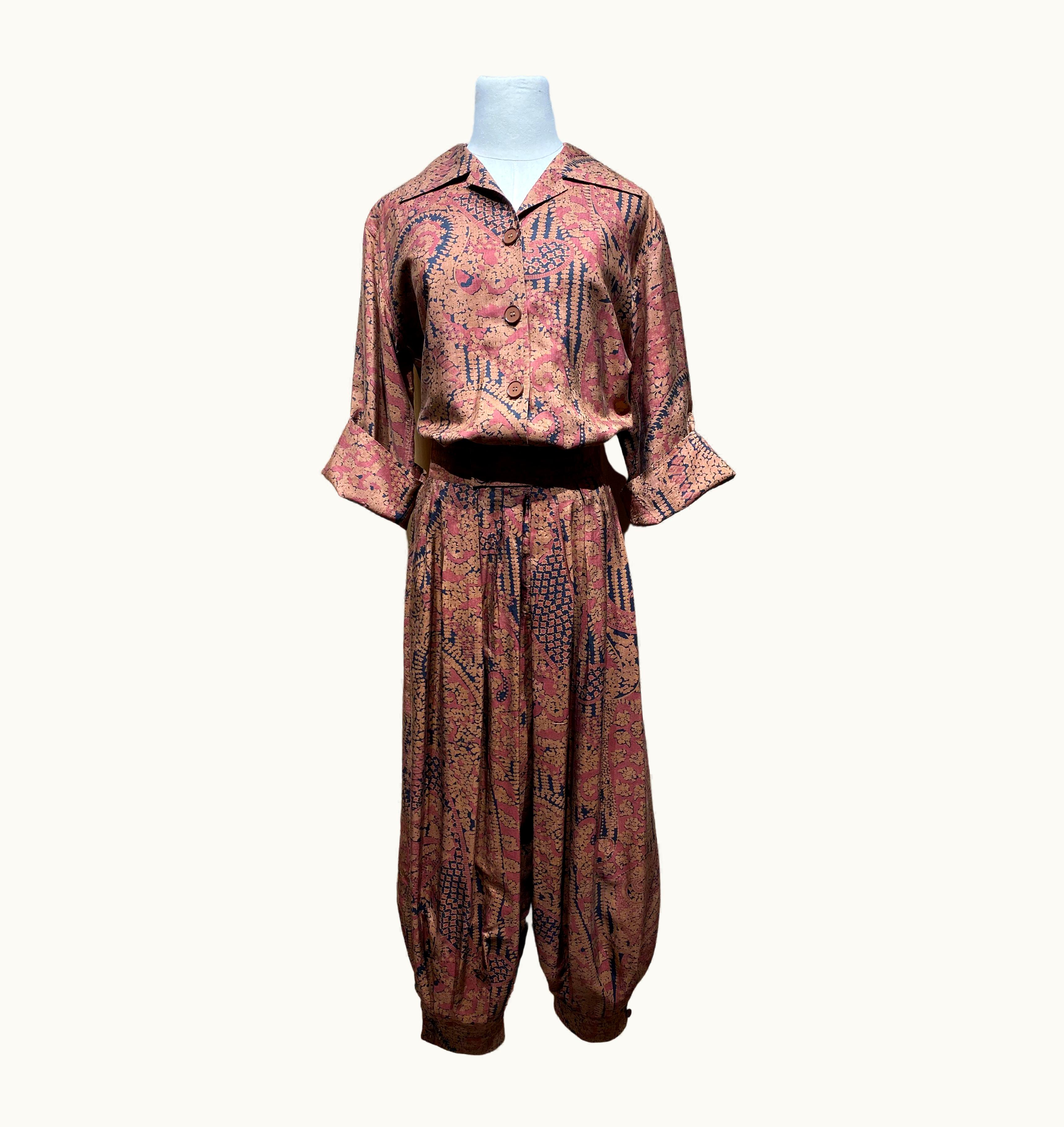 Saint Laurent 1980s Saint Laurent Rive Gauche Indian Silk Print Blouse And Harem Pant Set