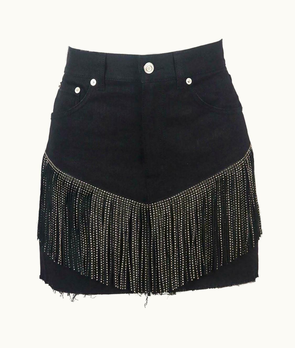 Saint Laurent Saint Laurent Studded Leather Fringed Denim Mini Skirt