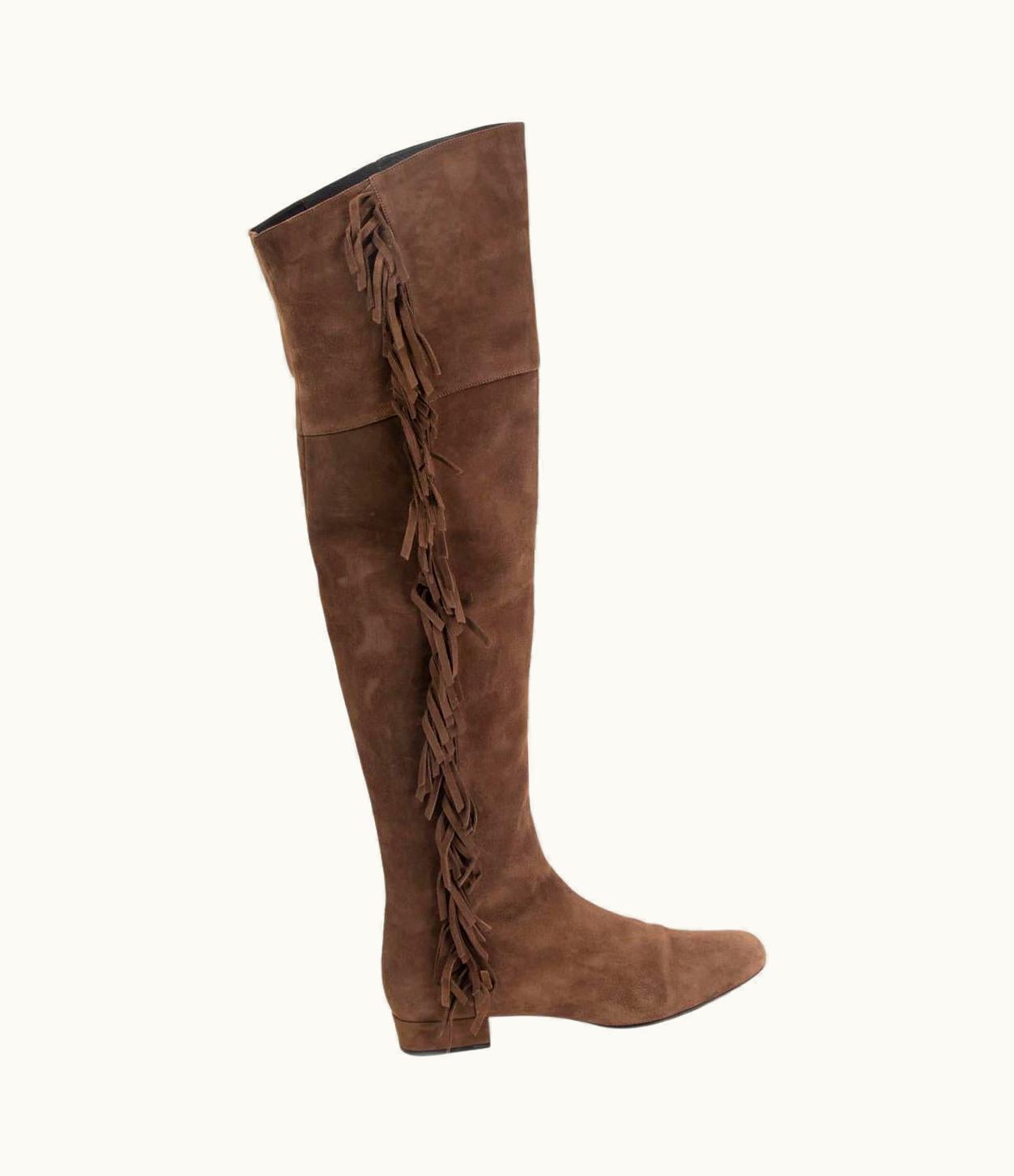 Saint Laurent Saint Laurent Brown Suede Bb 20 Fringe Over The Knee Boots Shoes