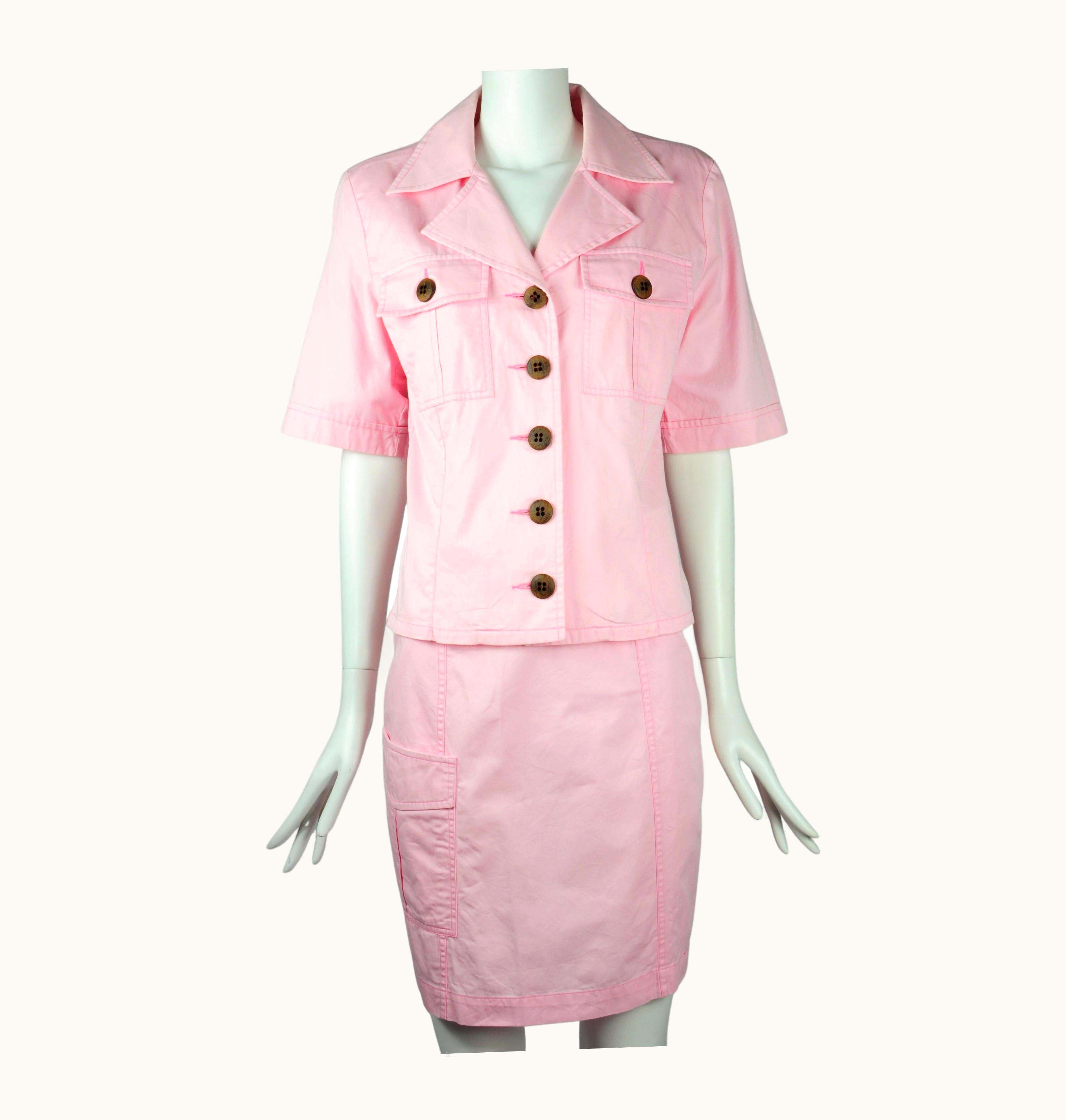 Saint Laurent Yves Saint Laurent Saharienne Safari Two Piece Skirt Suit Set Pink Pockets 1990s