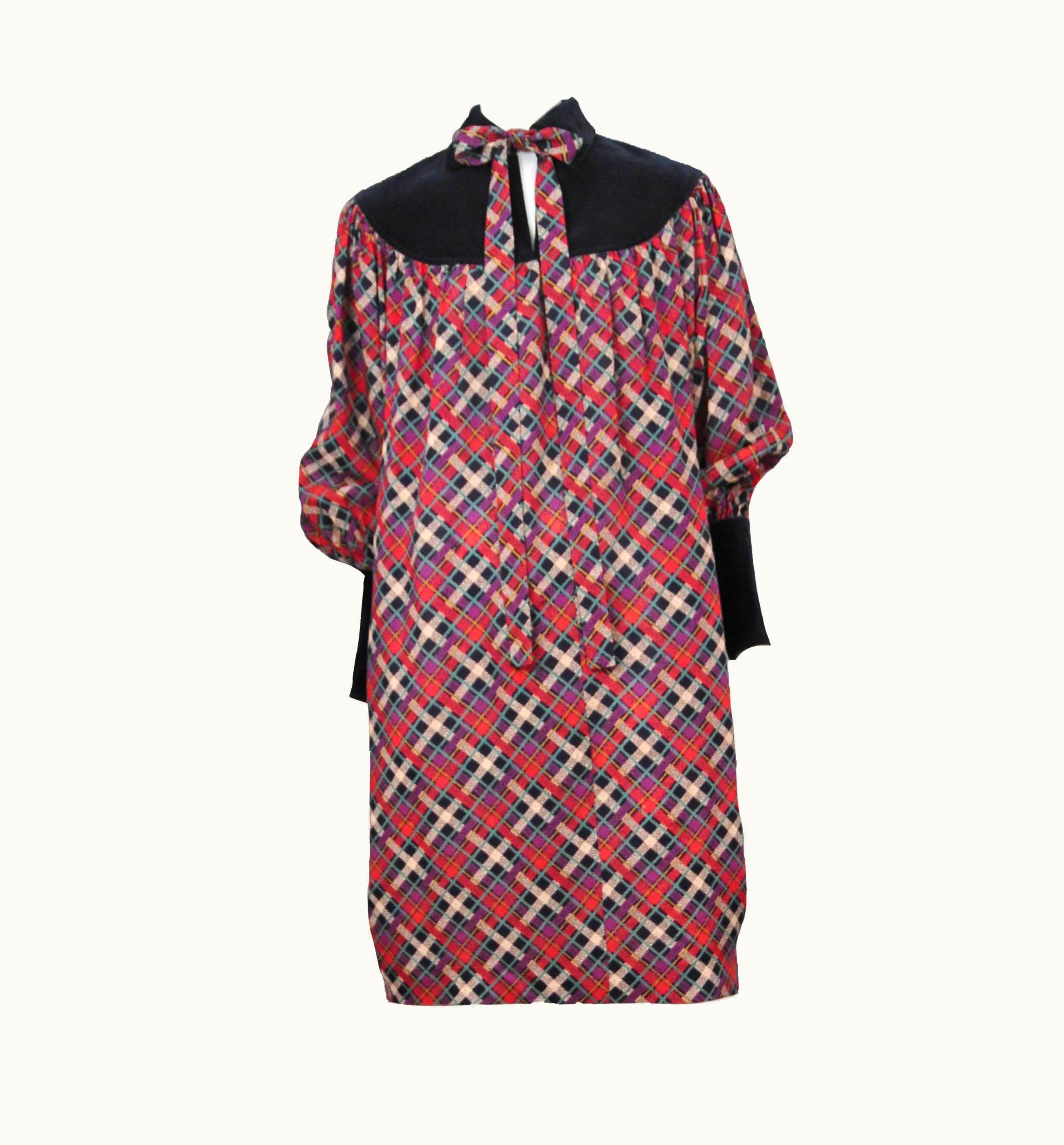 Saint Laurent Vintage Yves Saint Laurent Pink Plaid & Black Velvet Dress 1981