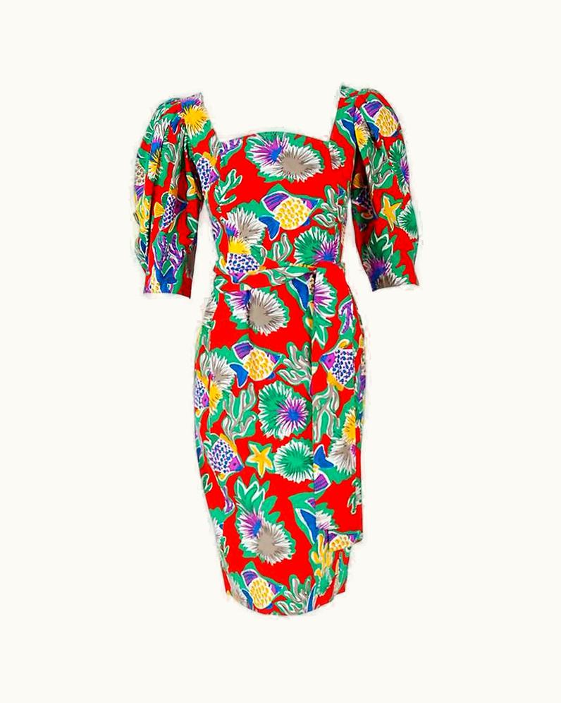 Saint Laurent 1981 Yves Saint Laurent Colorful Novelty Fish Print Cotton Puff-Sleeve Dress
