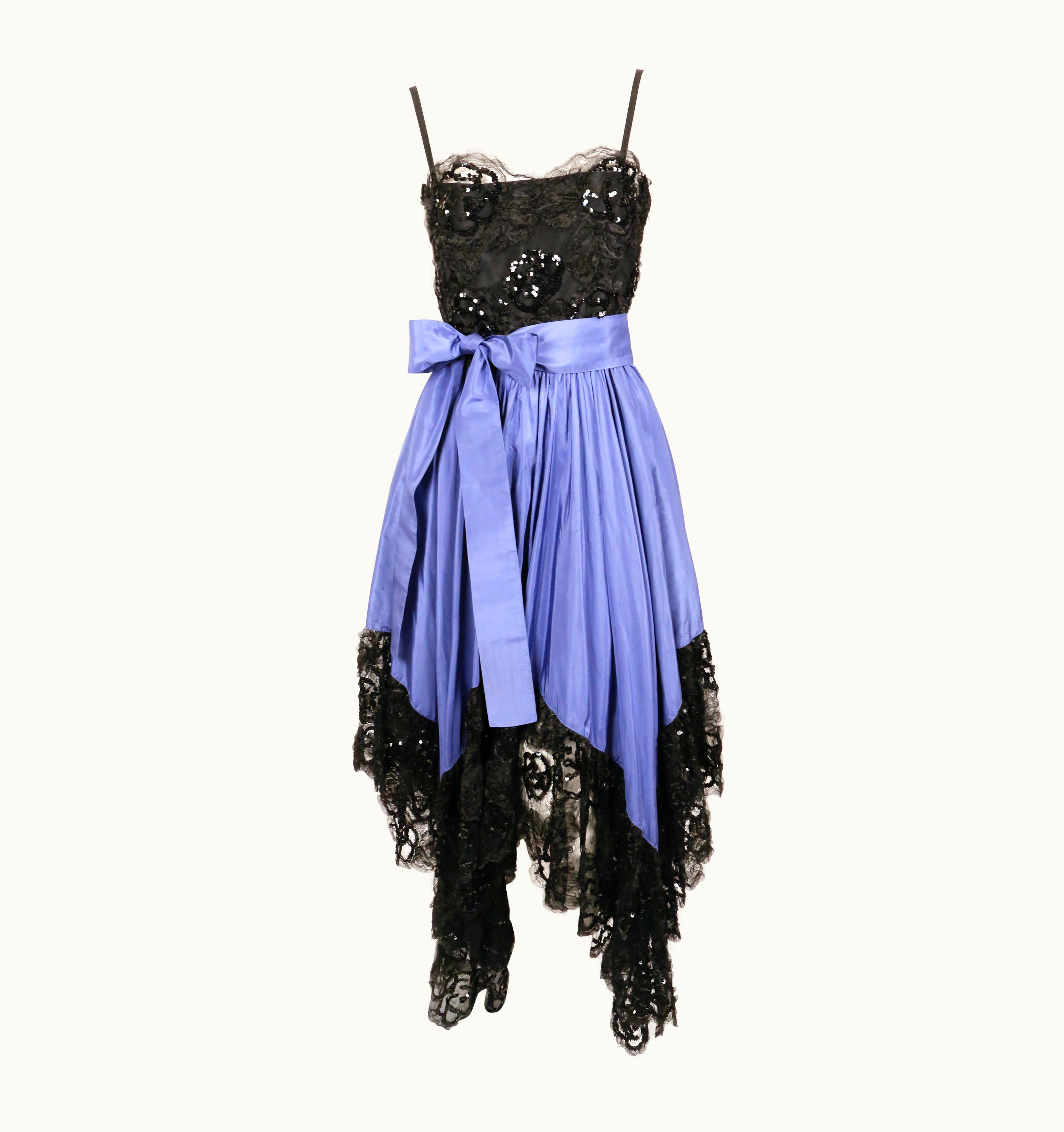 Saint Laurent 1981 Yves Saint Laurent Lace And Taffeta Periwinkle Runway Dress With Sequins