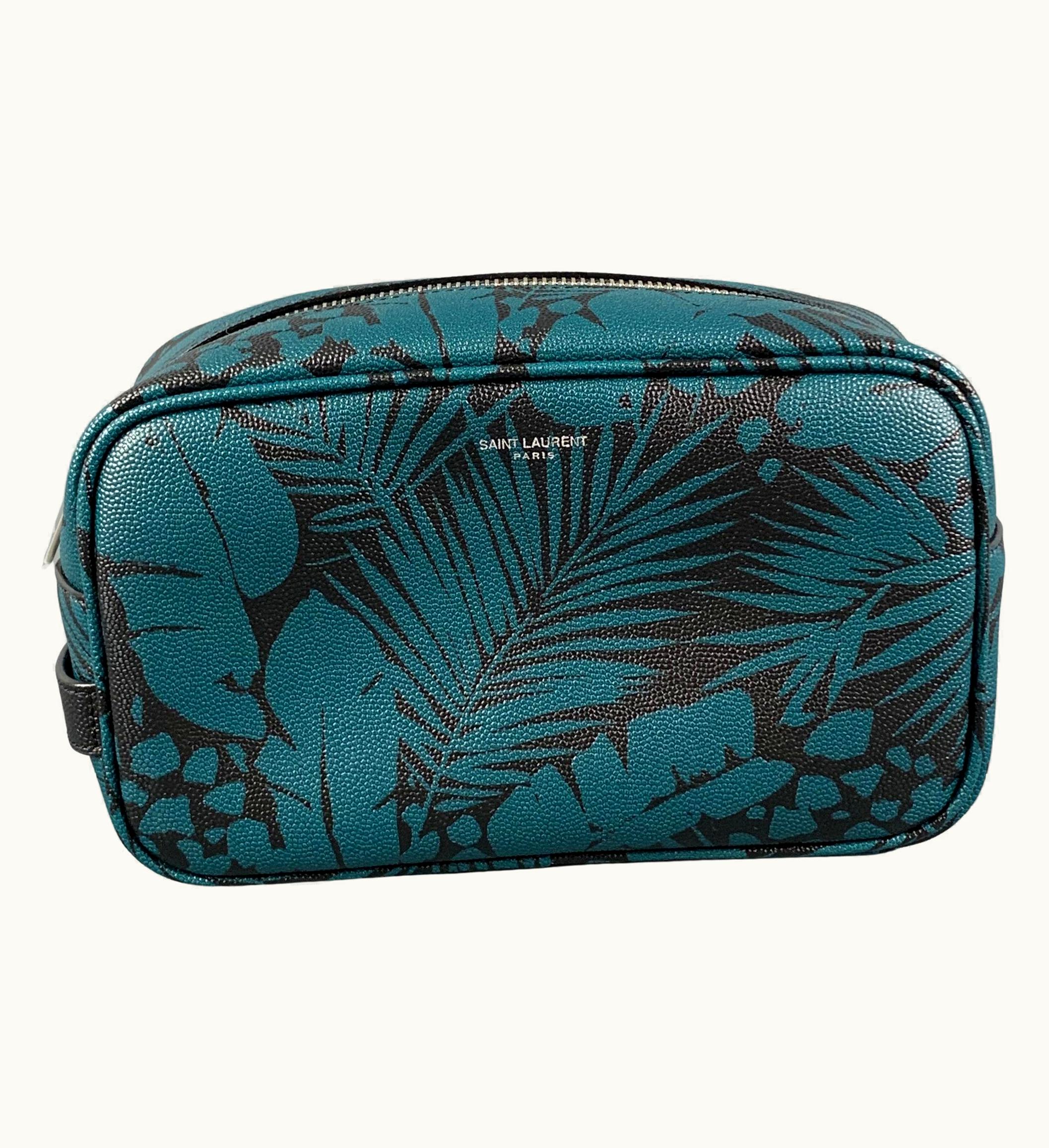 Saint Laurent Blue Black Leaves Canvas Toiletry Handbag