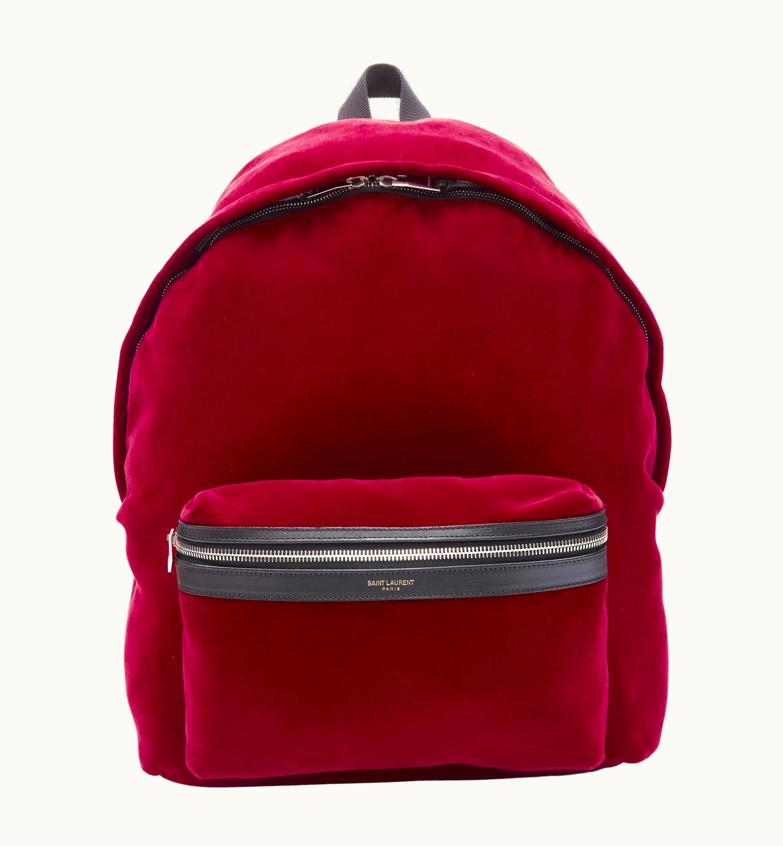 Saint Laurent City Red Velvet Black Leather Trim Backpack