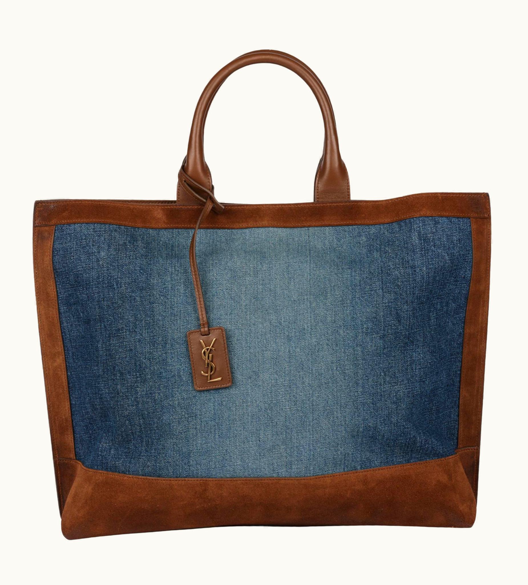 Saint Laurent Blue Denim And Brown Suede Shopping Tote