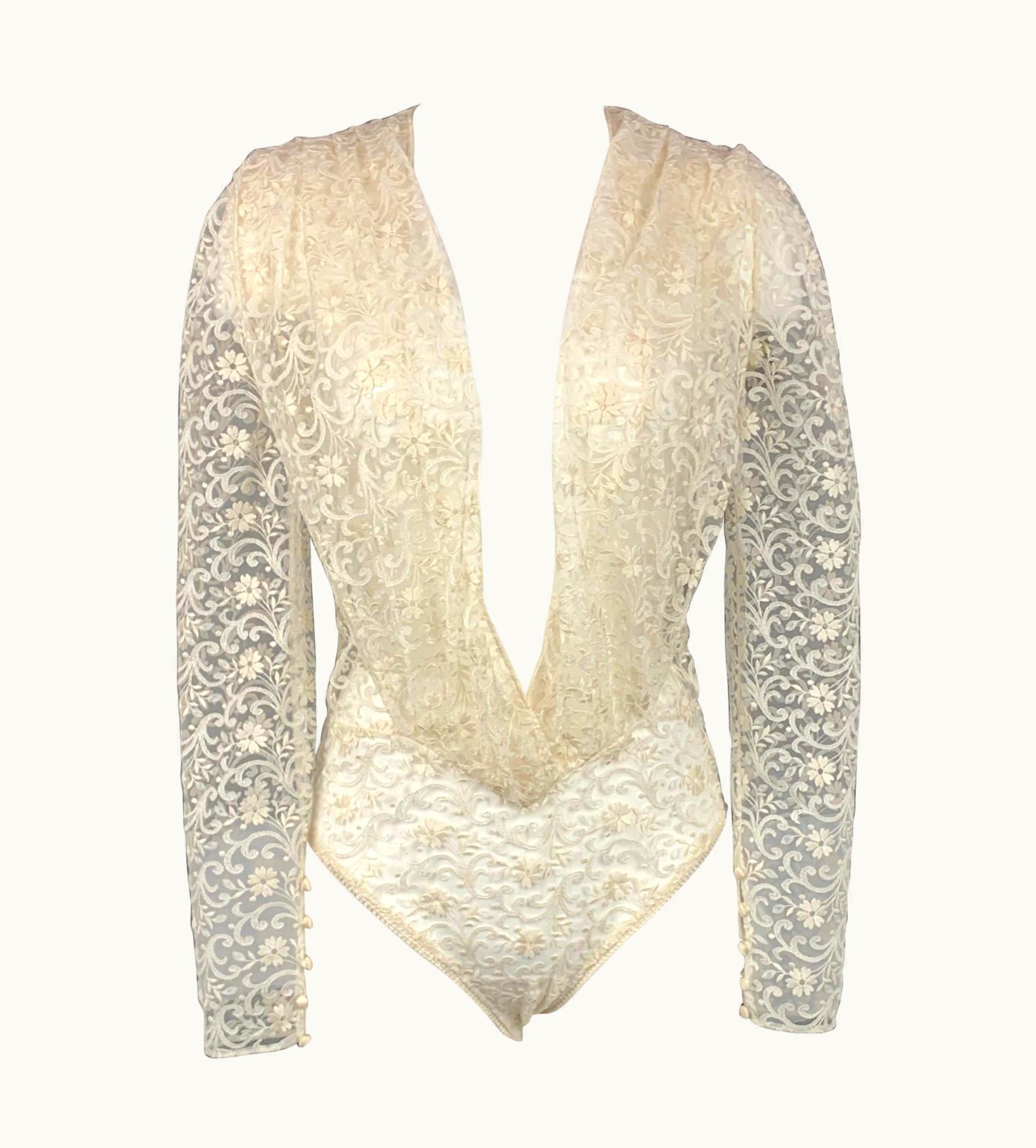 Saint Laurent Cream Lace Bodysuit Dress Top