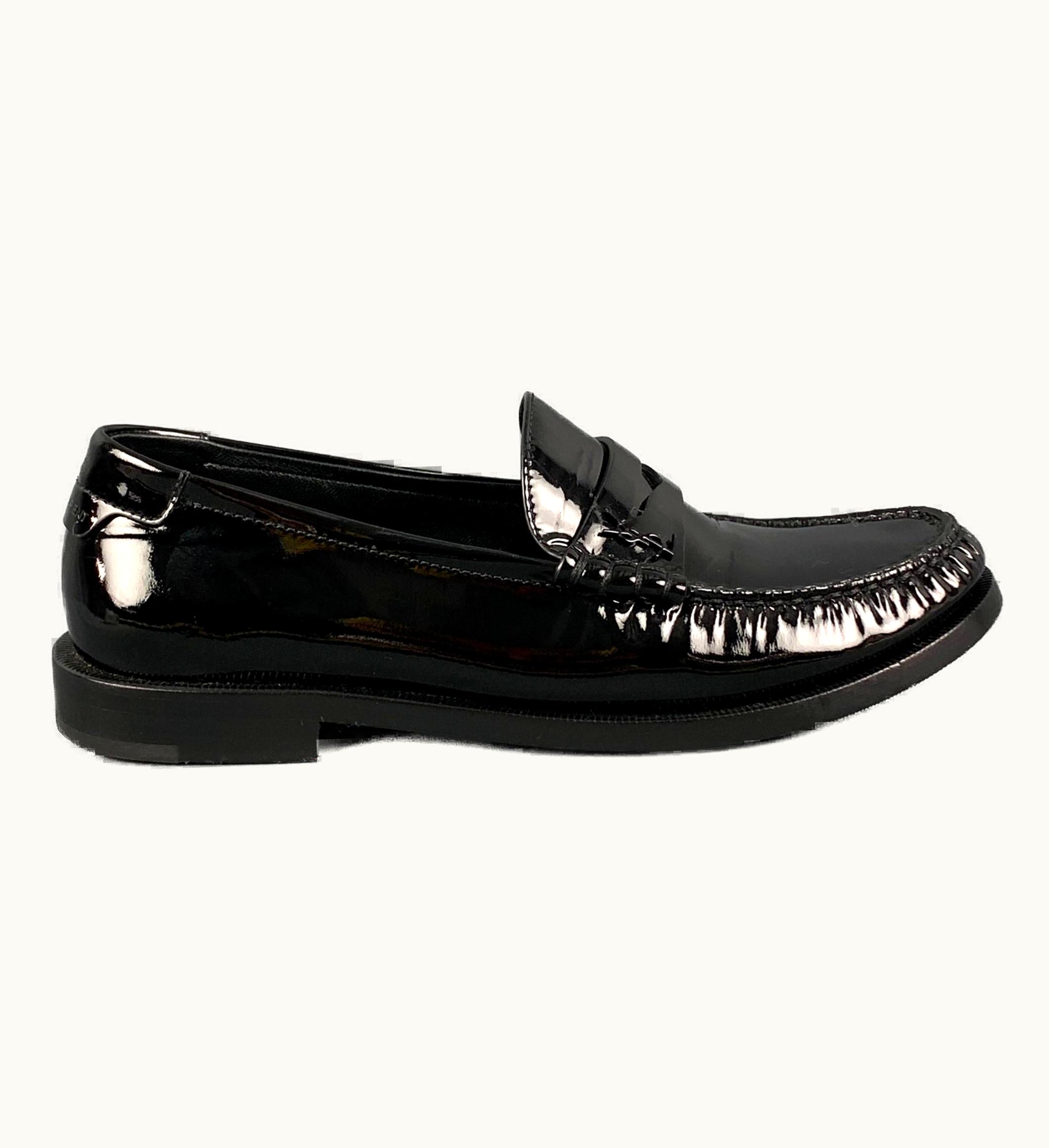 Saint Laurent .5 Black Patent Leather Monogram Penny Loafers