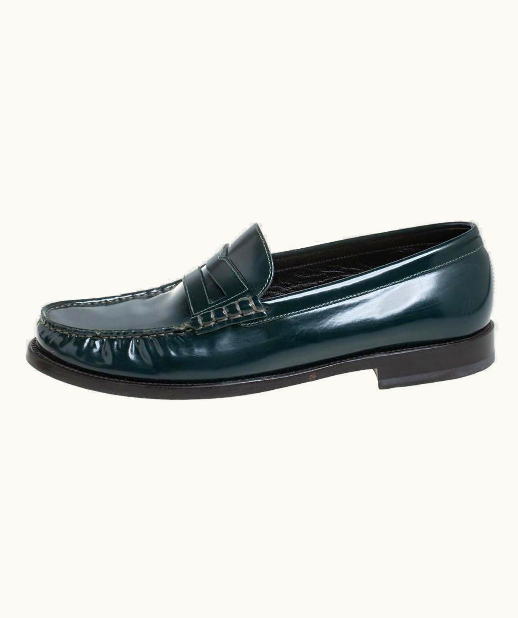 Saint Laurent Green Leather Penny Slip On Loafers
