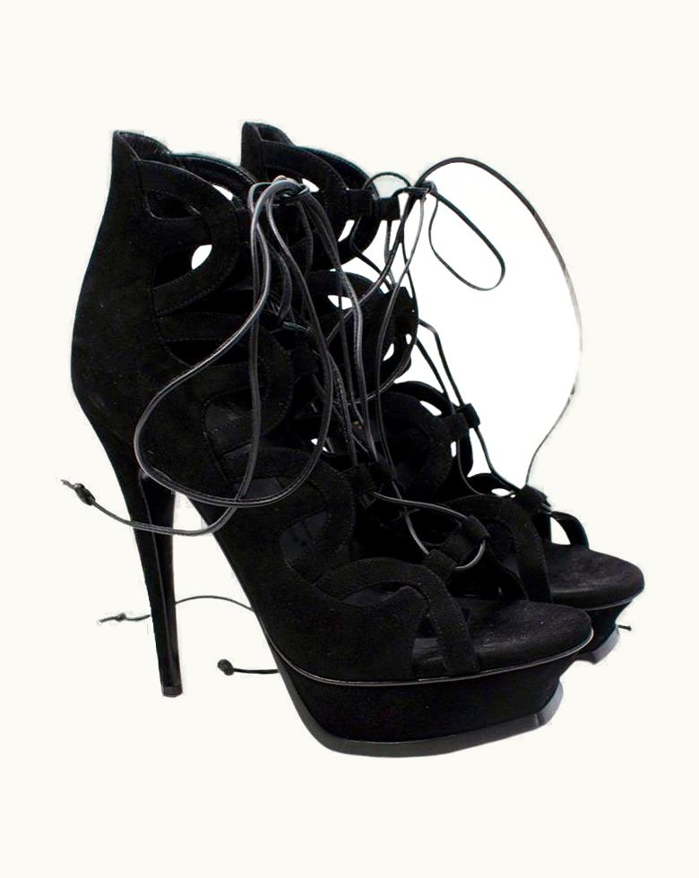 Saint Laurent Tribute Ghillie Black Suede Lace-Up Heeled Sandals