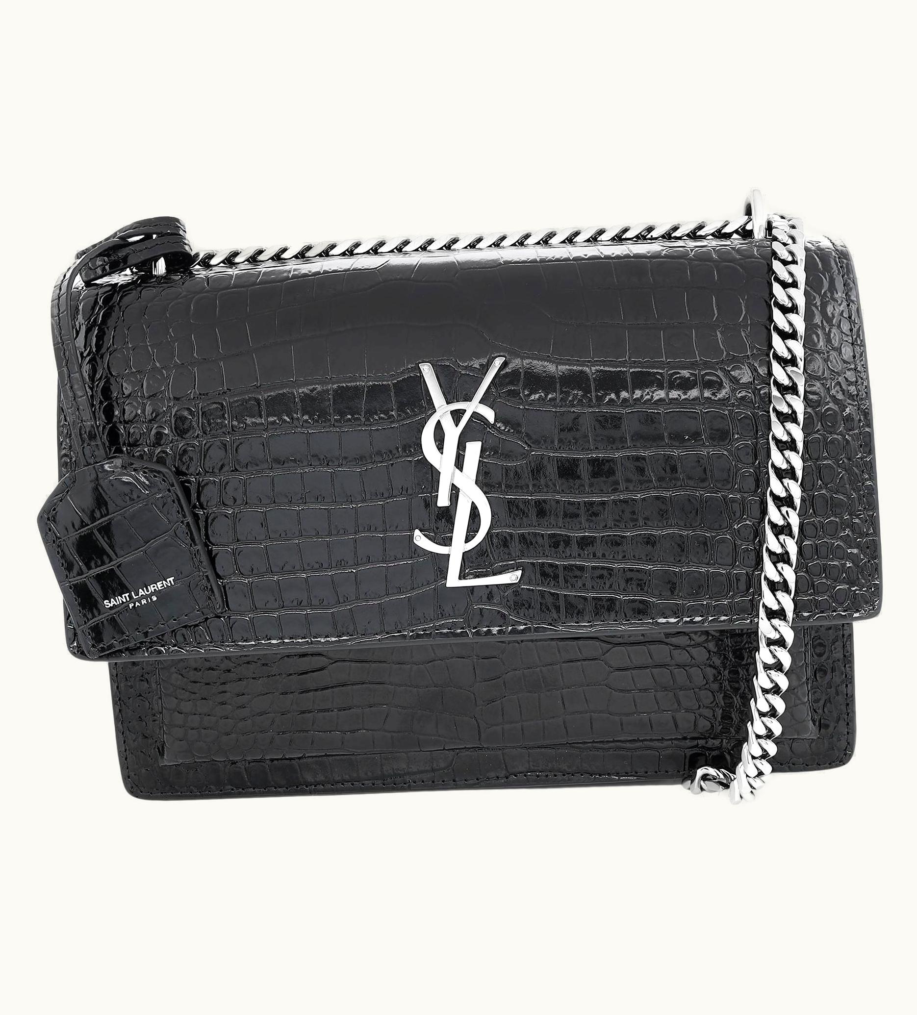 Saint Laurent Sunset Crocodile Embossed Black Leather Medium Crossbody Bag