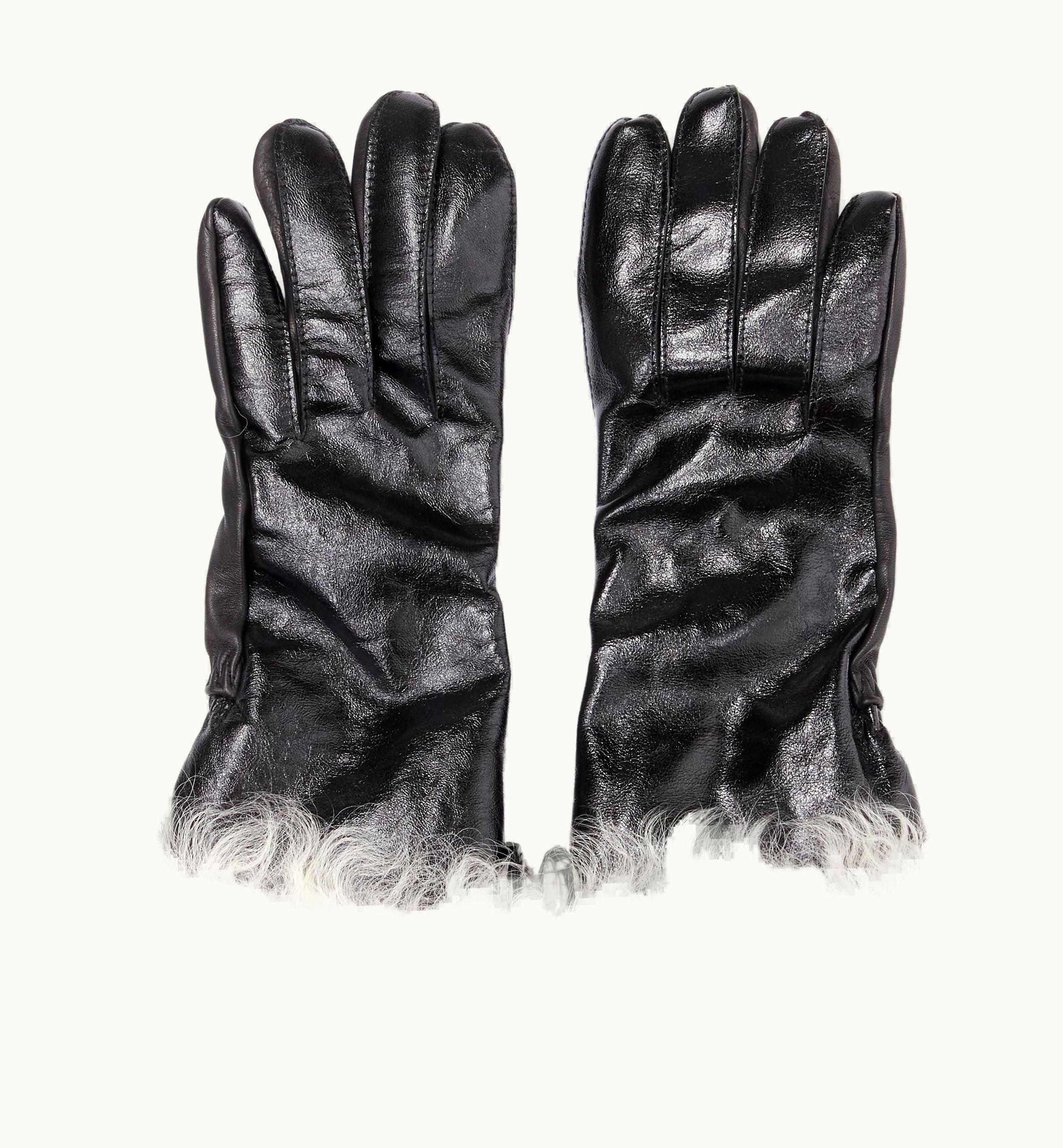 Saint Laurent 2017 Black Calf Patent Leather Shearling Lined Biker Glove