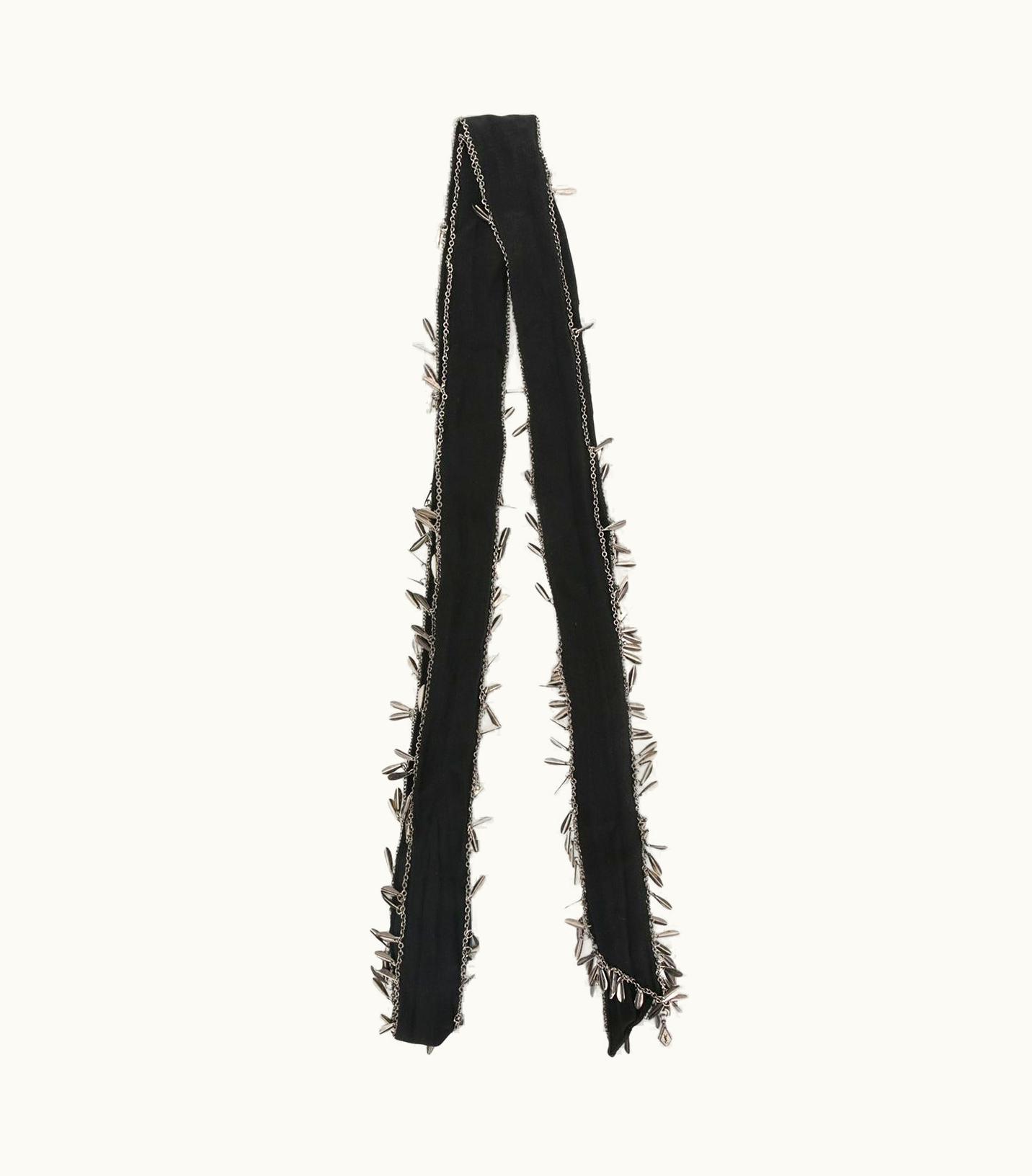 Saint Laurent Black Silk Silver-Tone Charm Detail Skinny Lavalliere Scarf