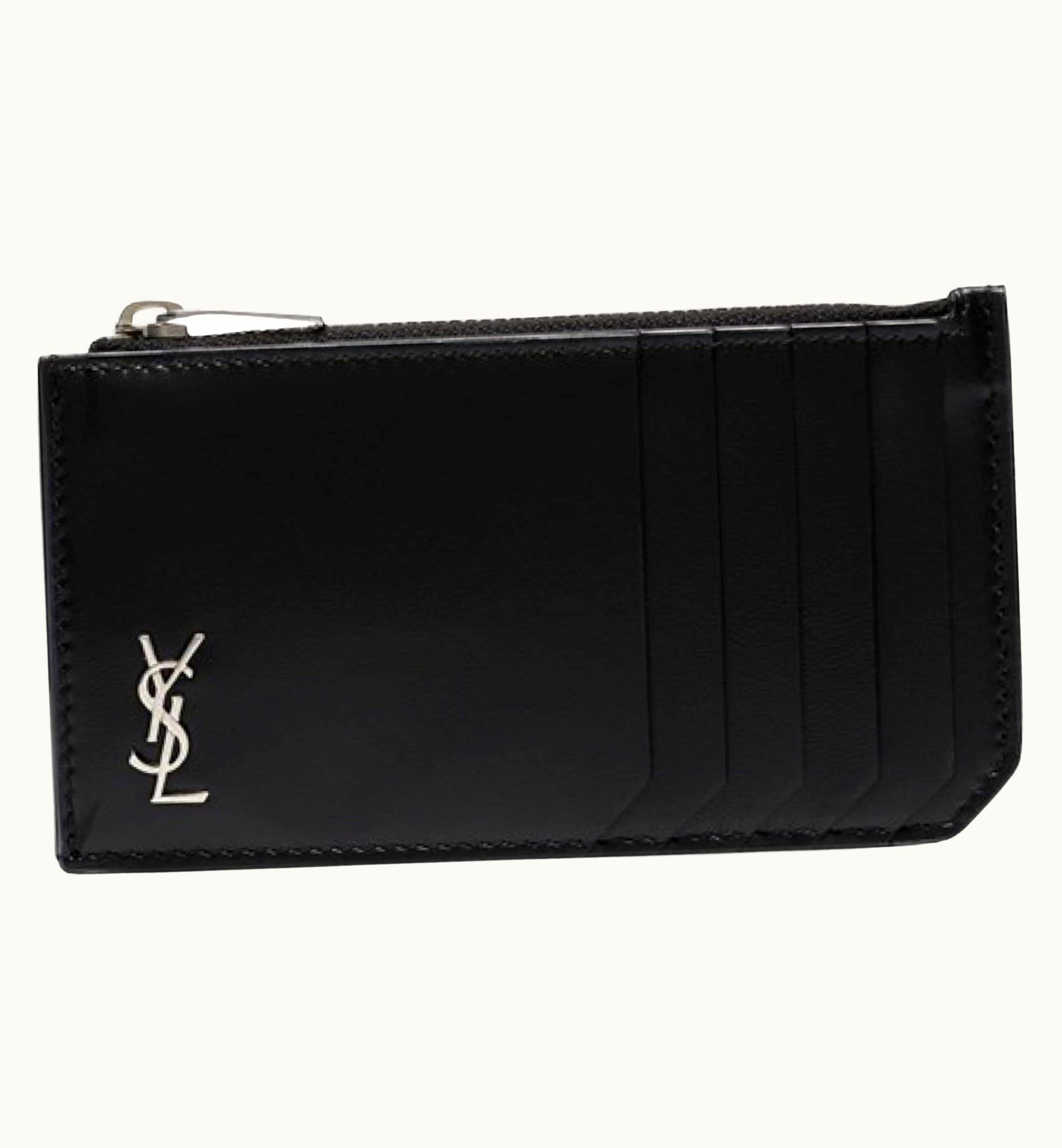 Saint Laurent Black Tiny Cassandre Fragments Leather Card Holder Wallet