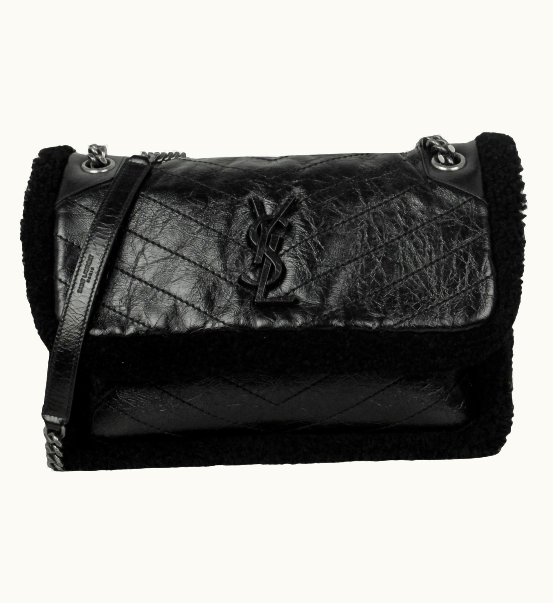 Saint Laurent Black Shearling Trim Calfskin Medium Niki Chain Shoulder Bag