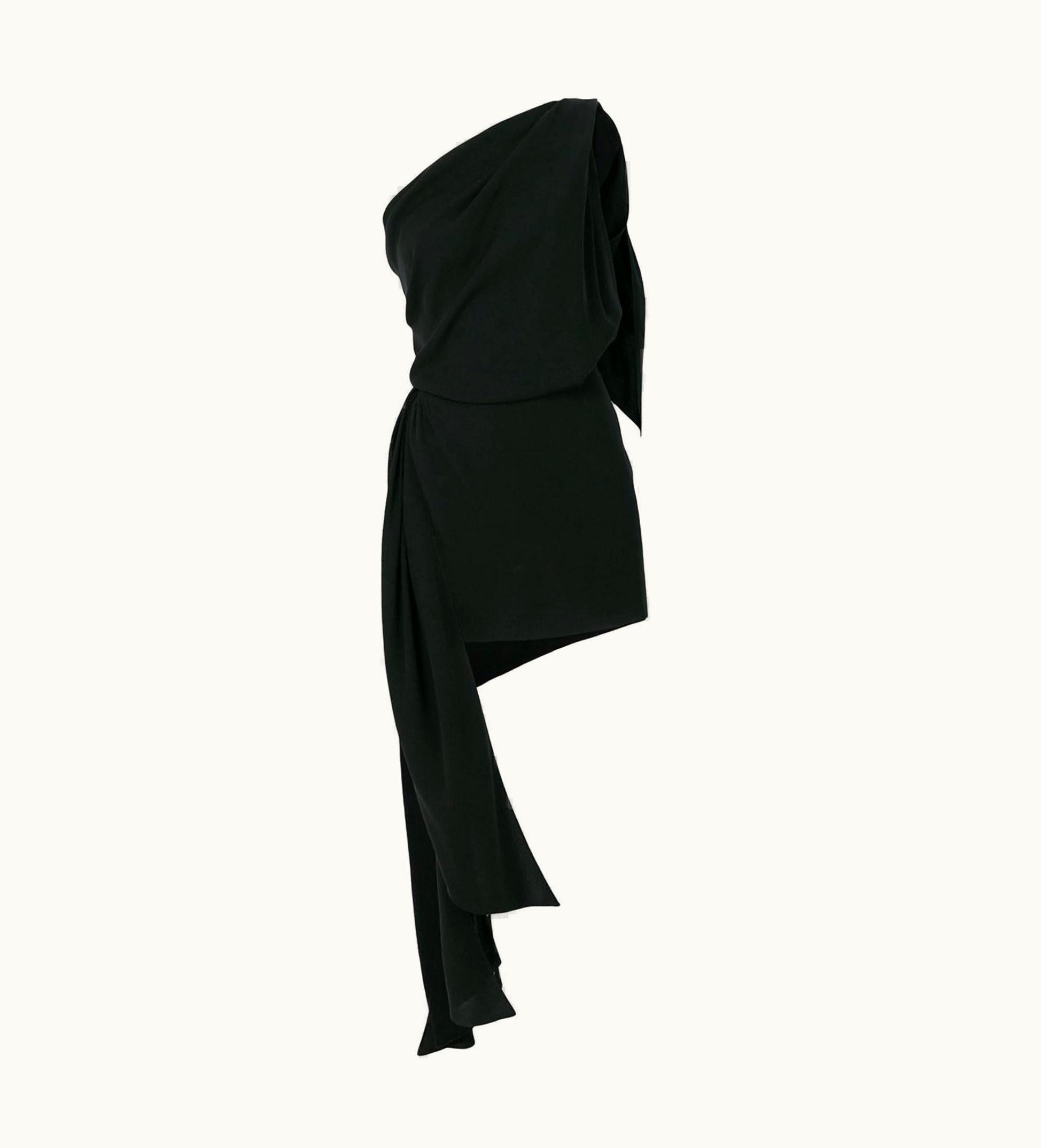 Saint Laurent Black One Shoulder Draped Asymmetrical Mini Dress