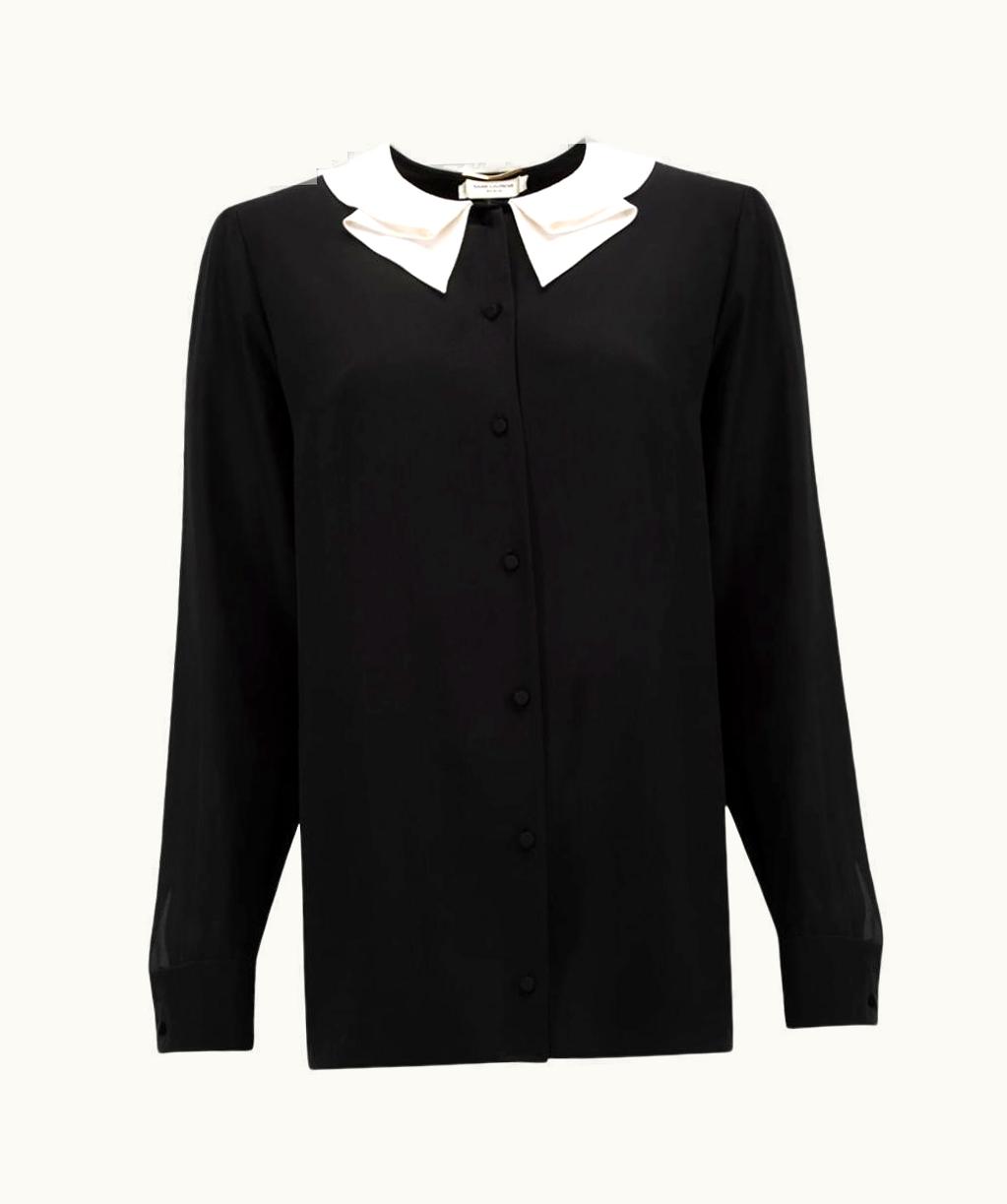 Saint Laurent Women' Black Silk Shirt With Ruffle Collar