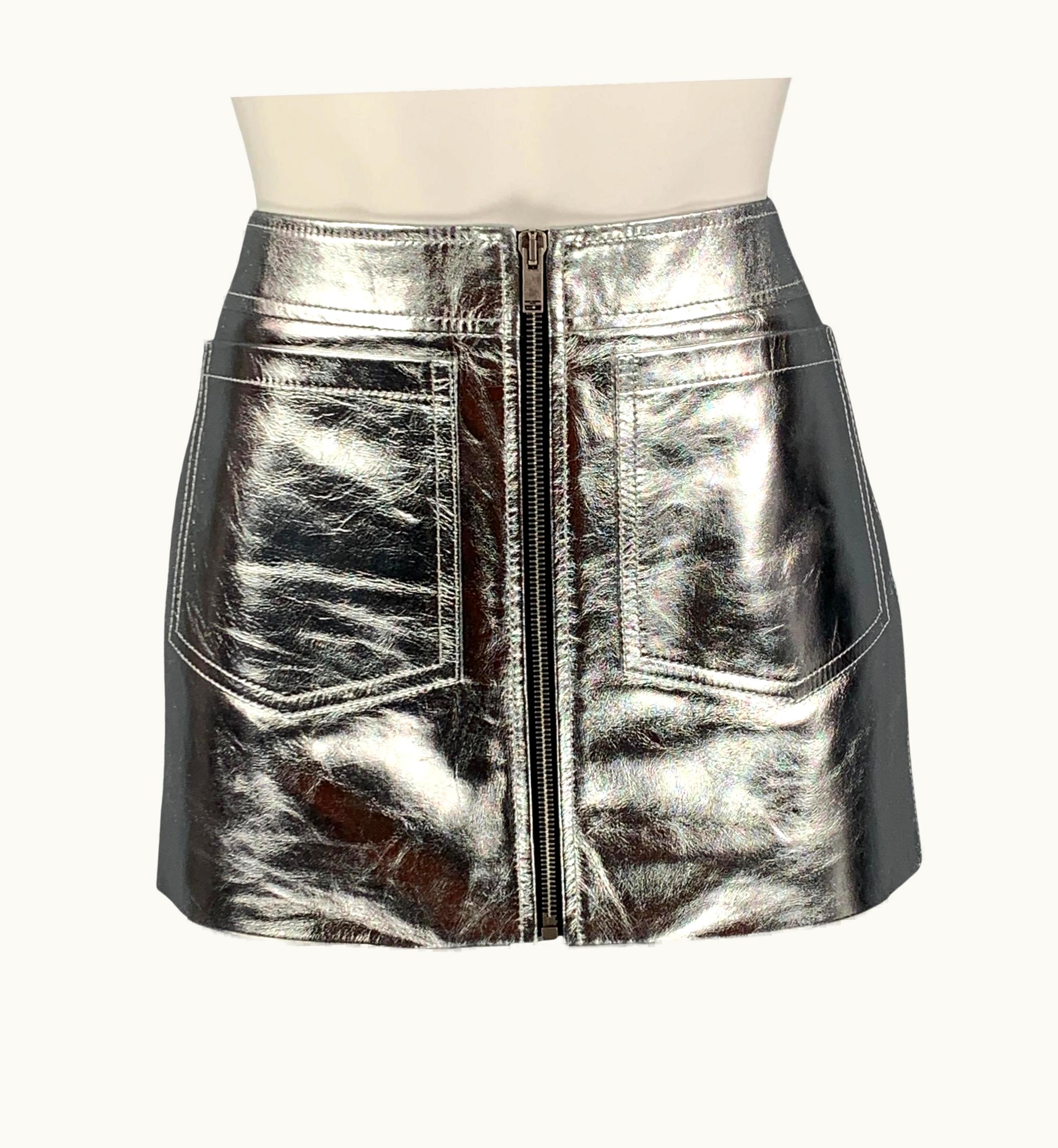 Saint Laurent 2022 Silver Leather High Waist Mini Skirt