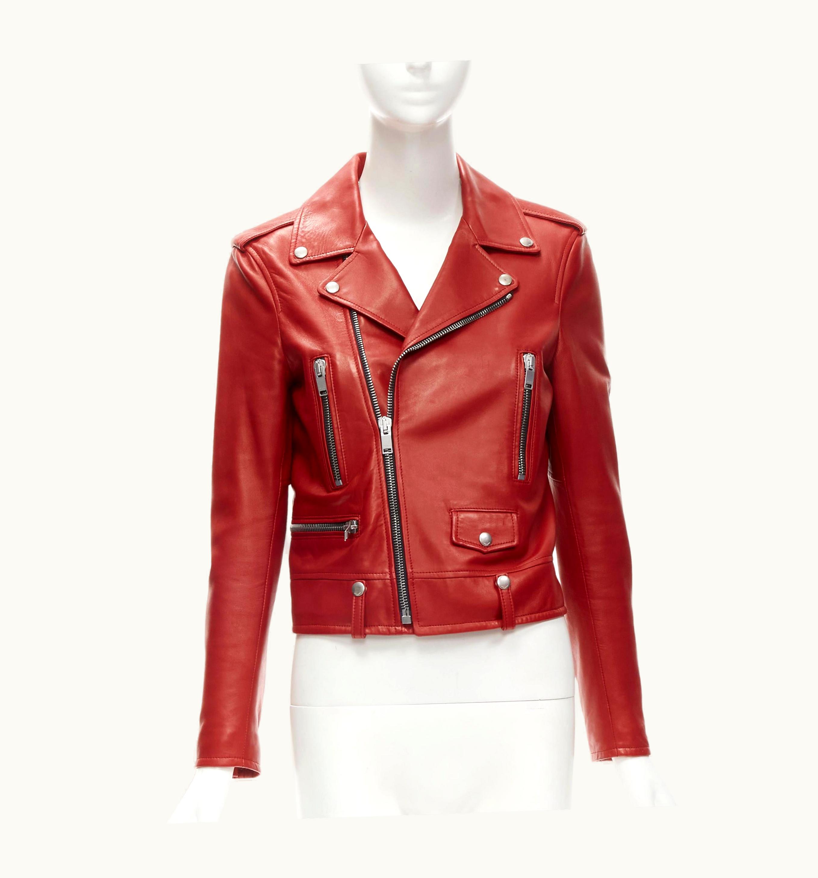 Saint Laurent 2013 Hedi Slimane Red Lambskin Leather Moto Biker Jacket