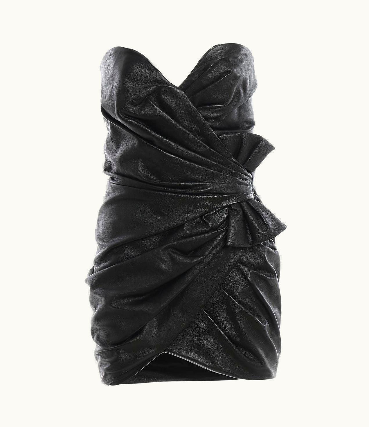 Saint Laurent Black Leather Ruched Strapless Mini Dress With Side Bow