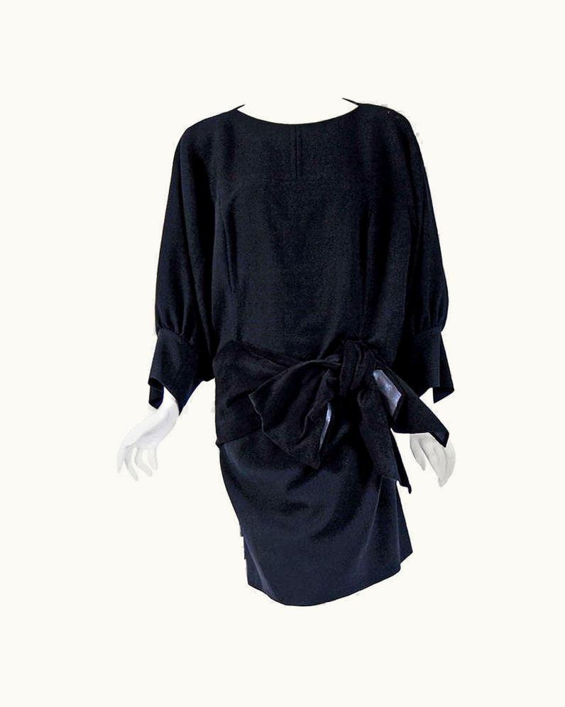 Saint Laurent 1982 Yves Saint Laurent Haute-Couture Black Crepe & Leather Avant-Garde Dress