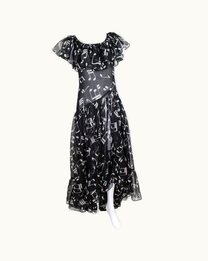 Saint Laurent Yves Saint Laurent Documented Silk Black And White Music Note Dress 1982