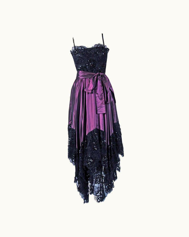 Saint Laurent Vintage 1982 Yves Saint Laurent Black Sequin-Lace & Purple Silk Asymmetric Dress