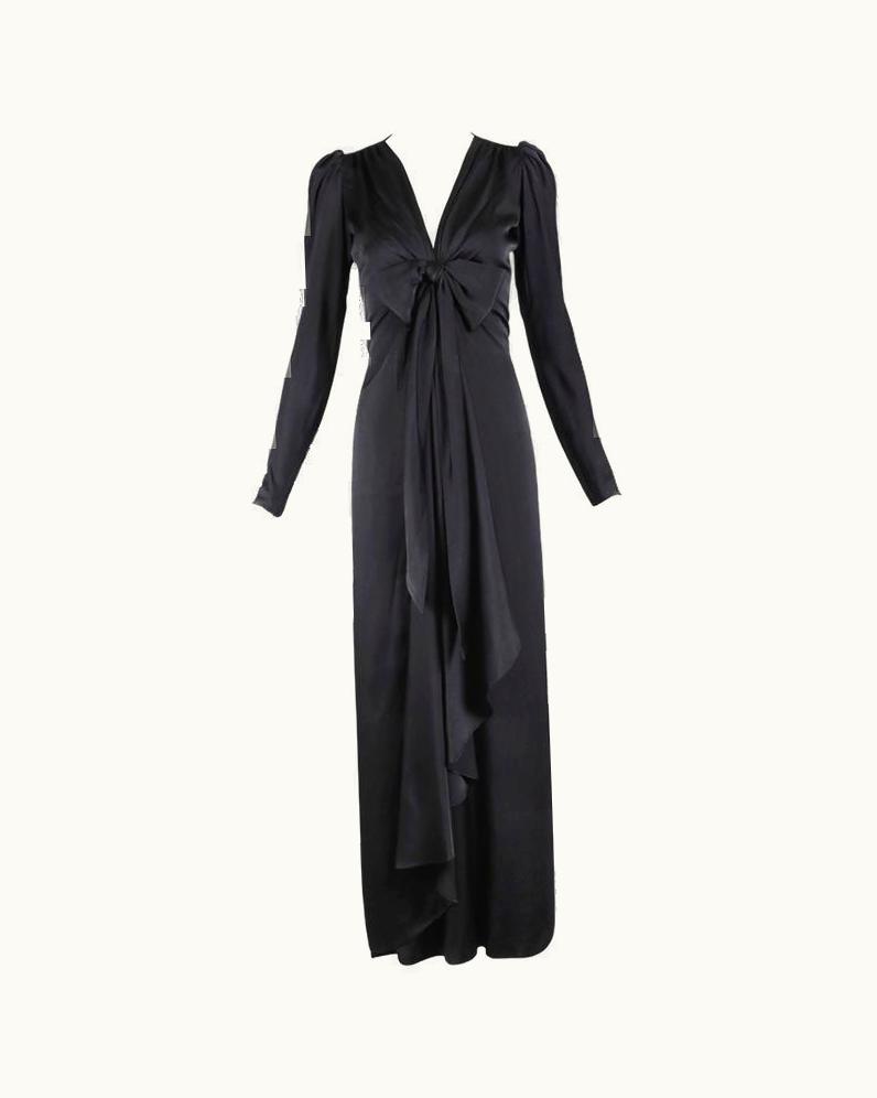 Saint Laurent 1982 Yves Saint Laurent YSL Haute Couture Black Silk Satin Gown No