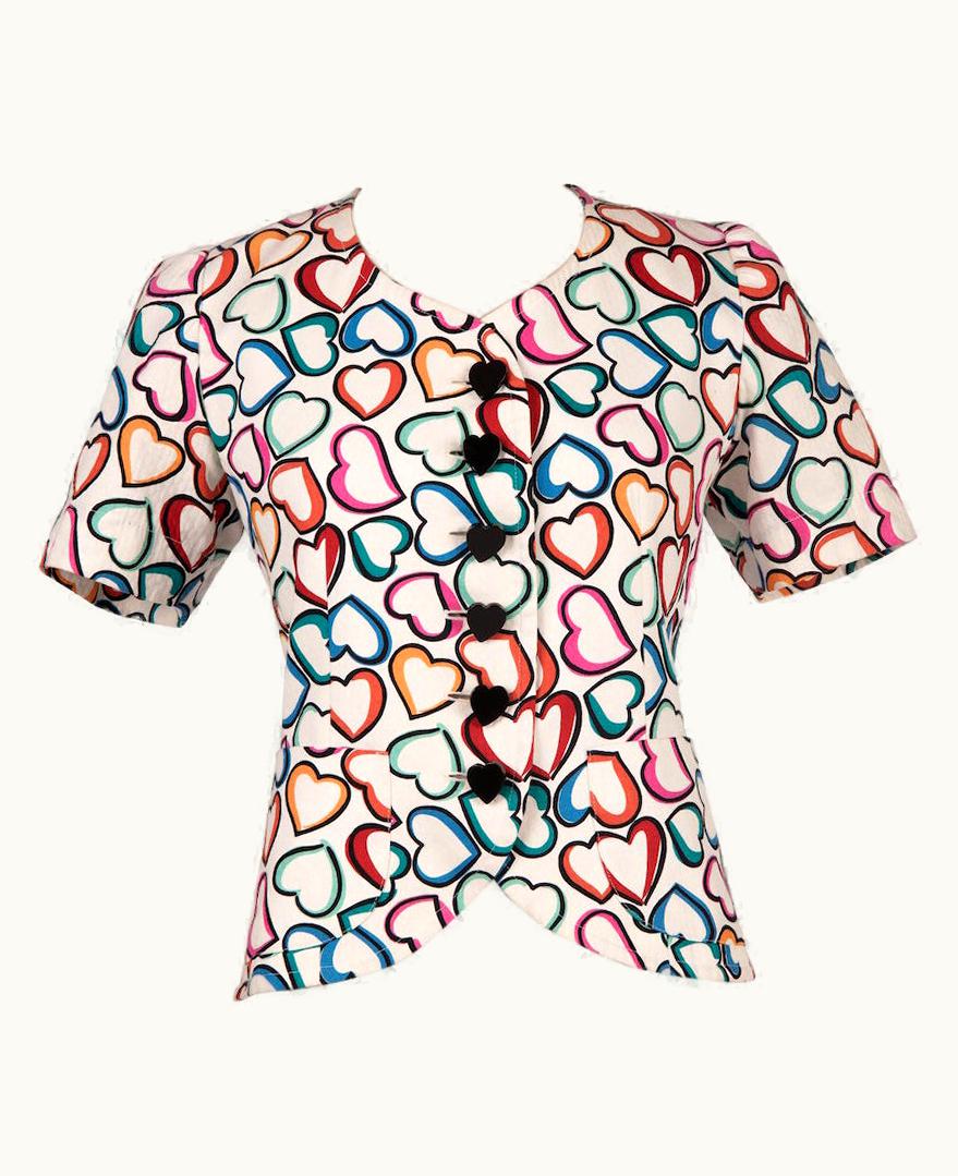 Saint Laurent S/S 1992 Yves Saint Laurent White Multi-Coloured Heart Print Jacket Or Top