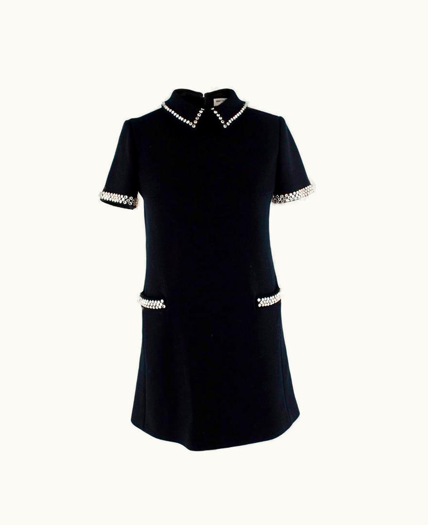 Saint Laurent Crystal Embellished Black Wool Mini Shift Dress