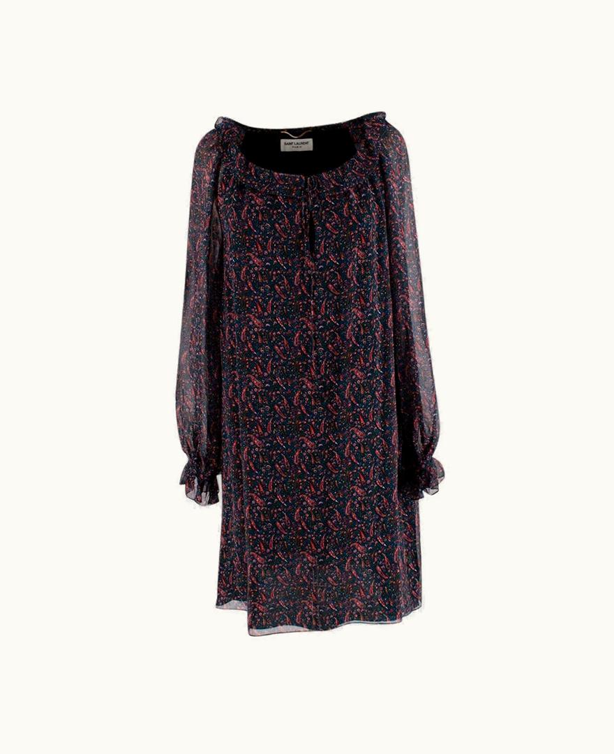 Saint Laurent Deep Green Paisley Silk Crepe Peasant Dress