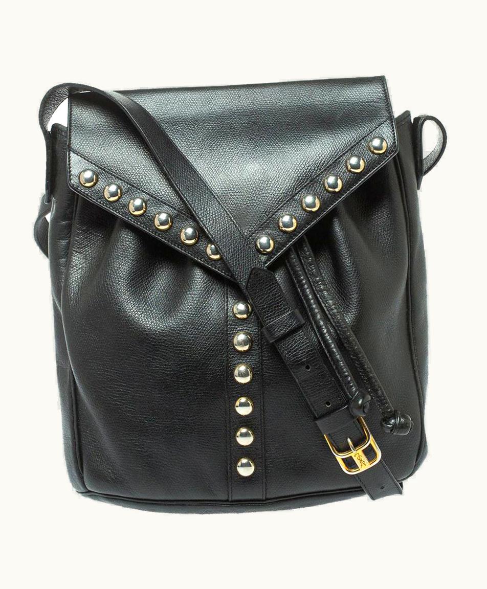 Saint Laurent Black Leather Studded Y Flap Shoulder Bag
