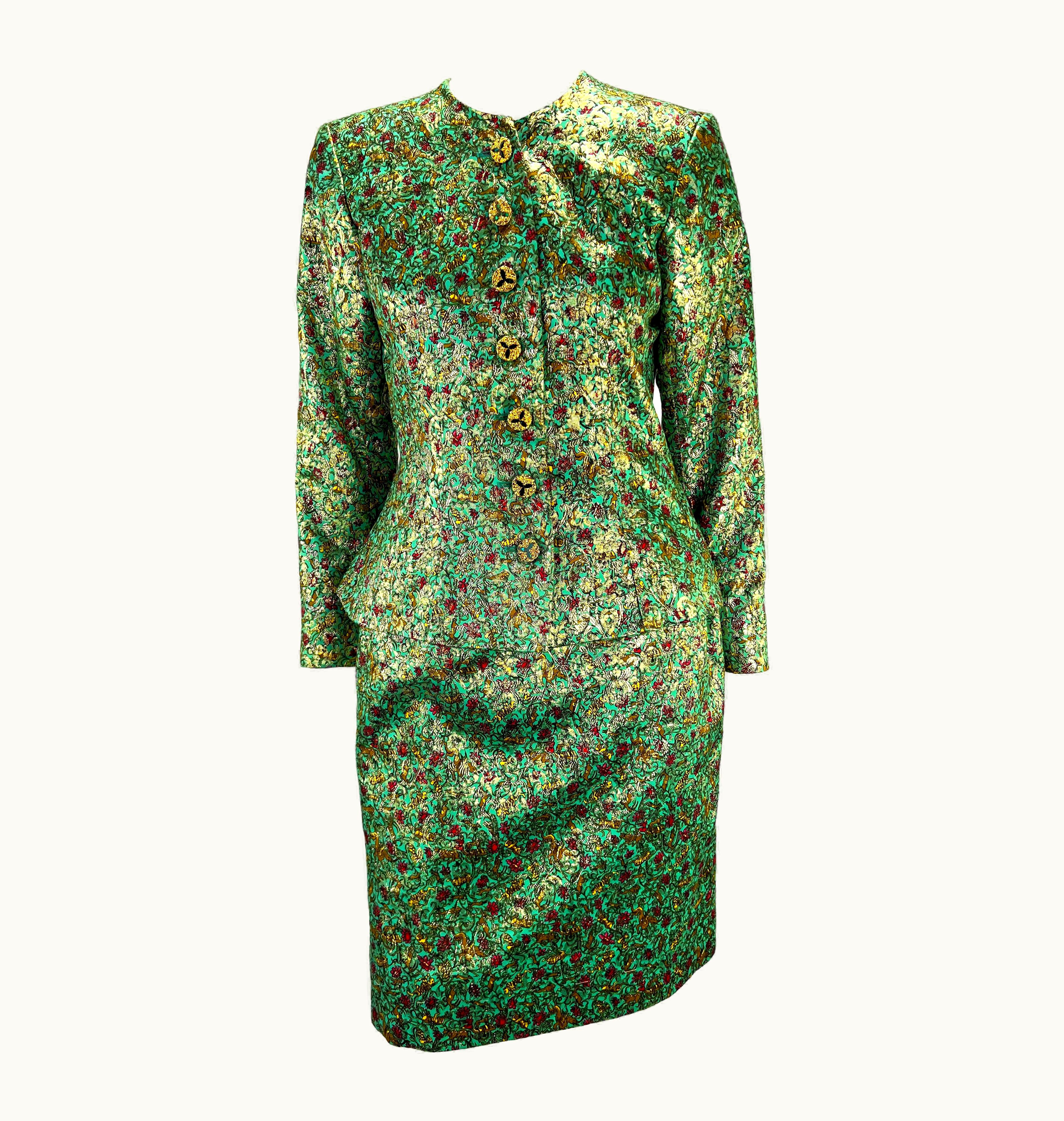 Saint Laurent AW 1991 Yves Saint Laurent Rive Gauche Gold Metallic Brocade Green Skirt Suit