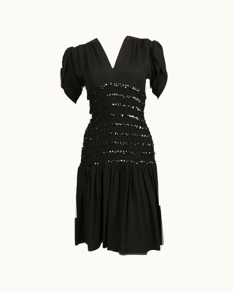 Saint Laurent 1983 Yves Saint Laurent Documented Black Smocked And Sequined Cocktail Dress