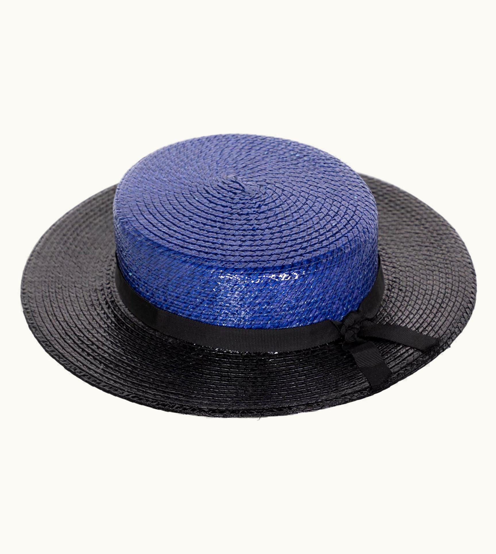 Saint Laurent Yves Saint Laurent YSL Vintage Glossy Blue And Black Straw Hat, 1990s UZ0585431