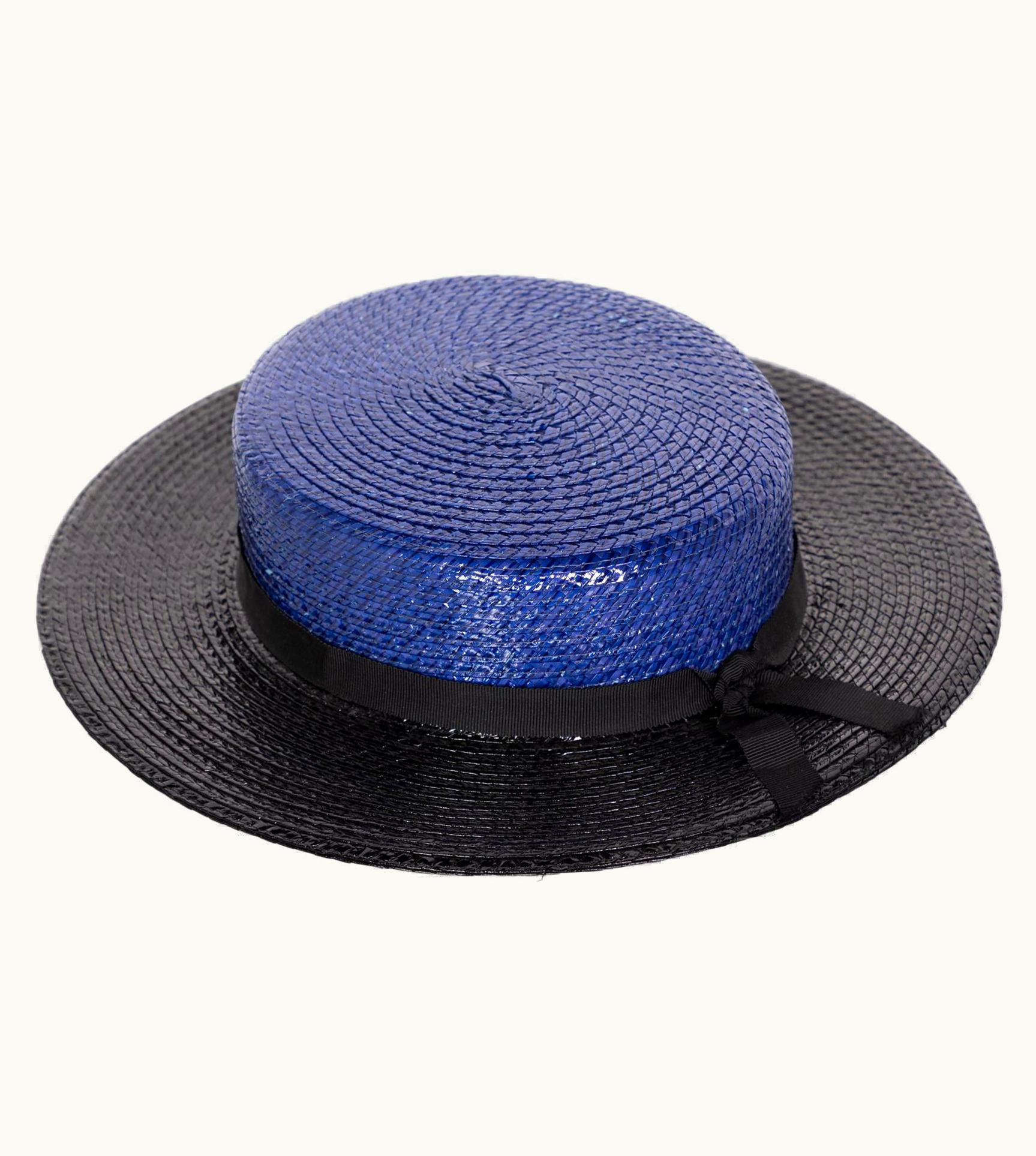 Saint Laurent Yves Saint Laurent YSL Vintage Glossy Blue And Black Straw Hat, 1990s UZ0585432