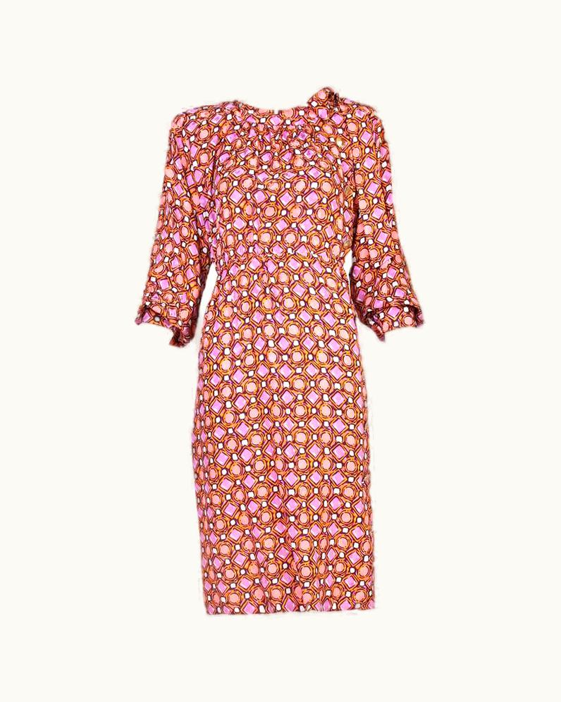 Saint Laurent 1984 Yves Saint Laurent YSL Silk Day Dress w/Geometric Print