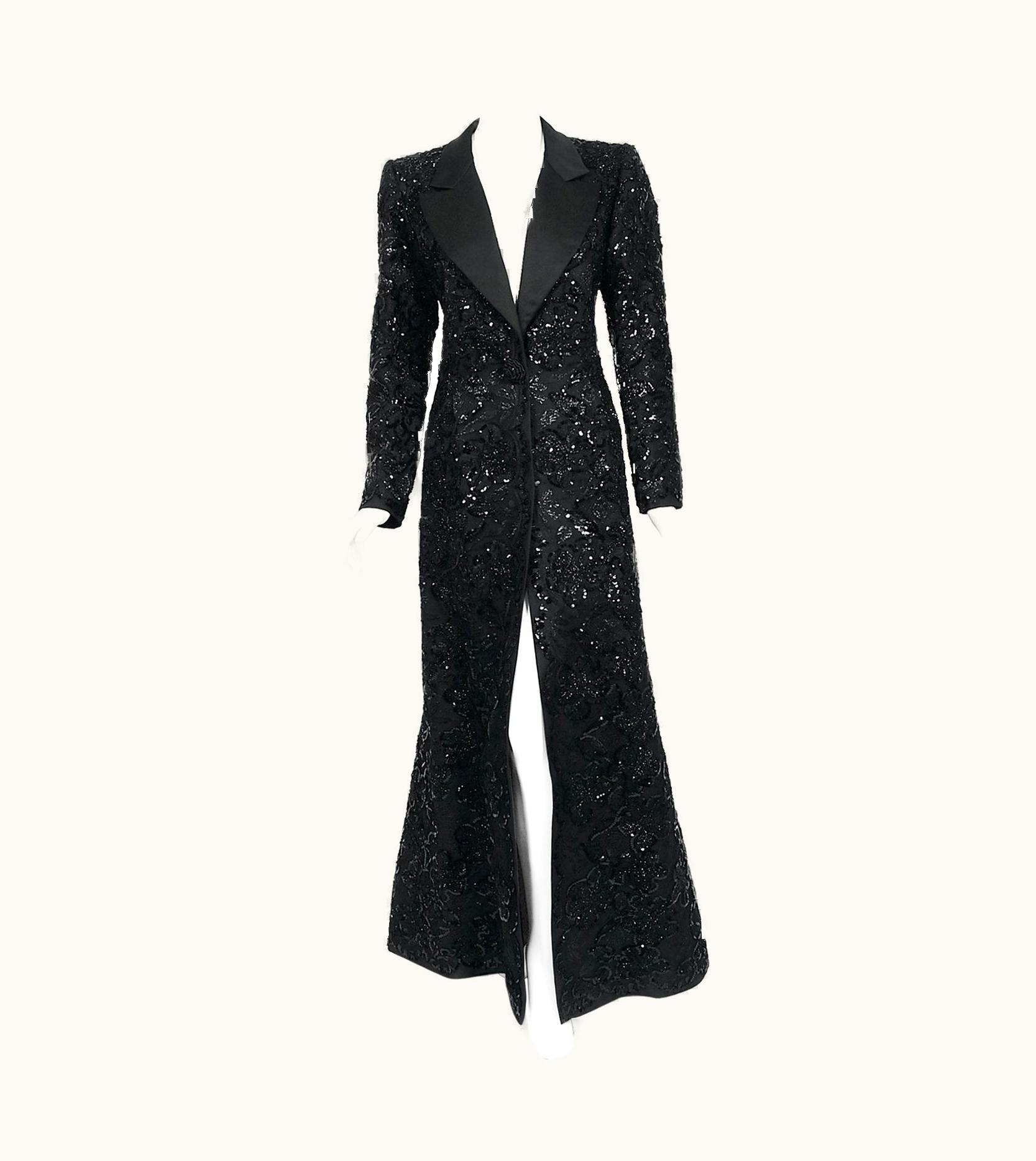 Saint Laurent Vintage 1984 Yves Saint Laurent Haute Couture Sequin Satin Maxi Tuxedo Jacket