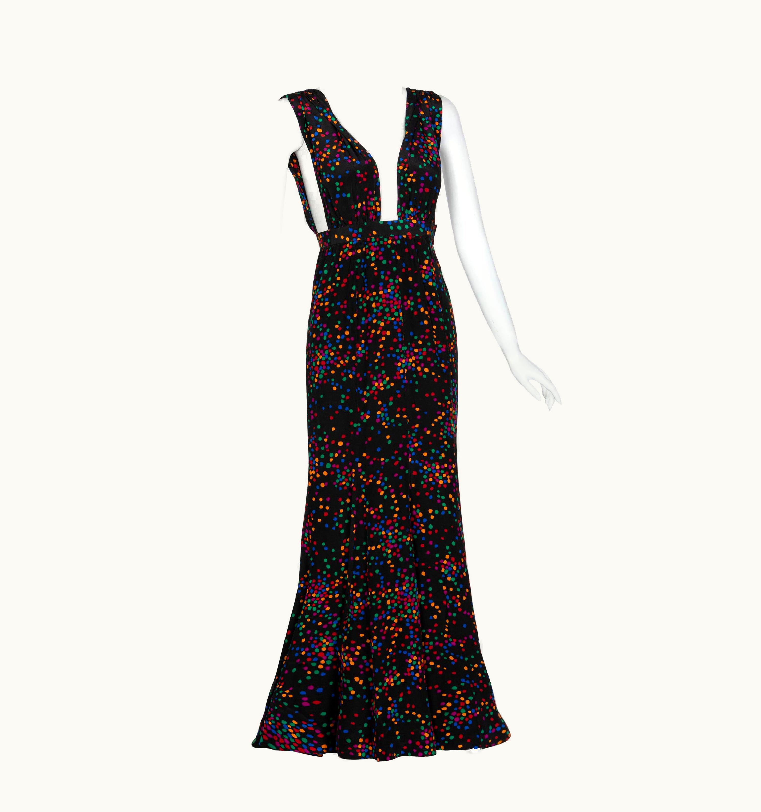 Saint Laurent Yves Saint Laurent Black Silk Confetti Dots Plunge Maxi Dress YSL 1984 UZ0585442