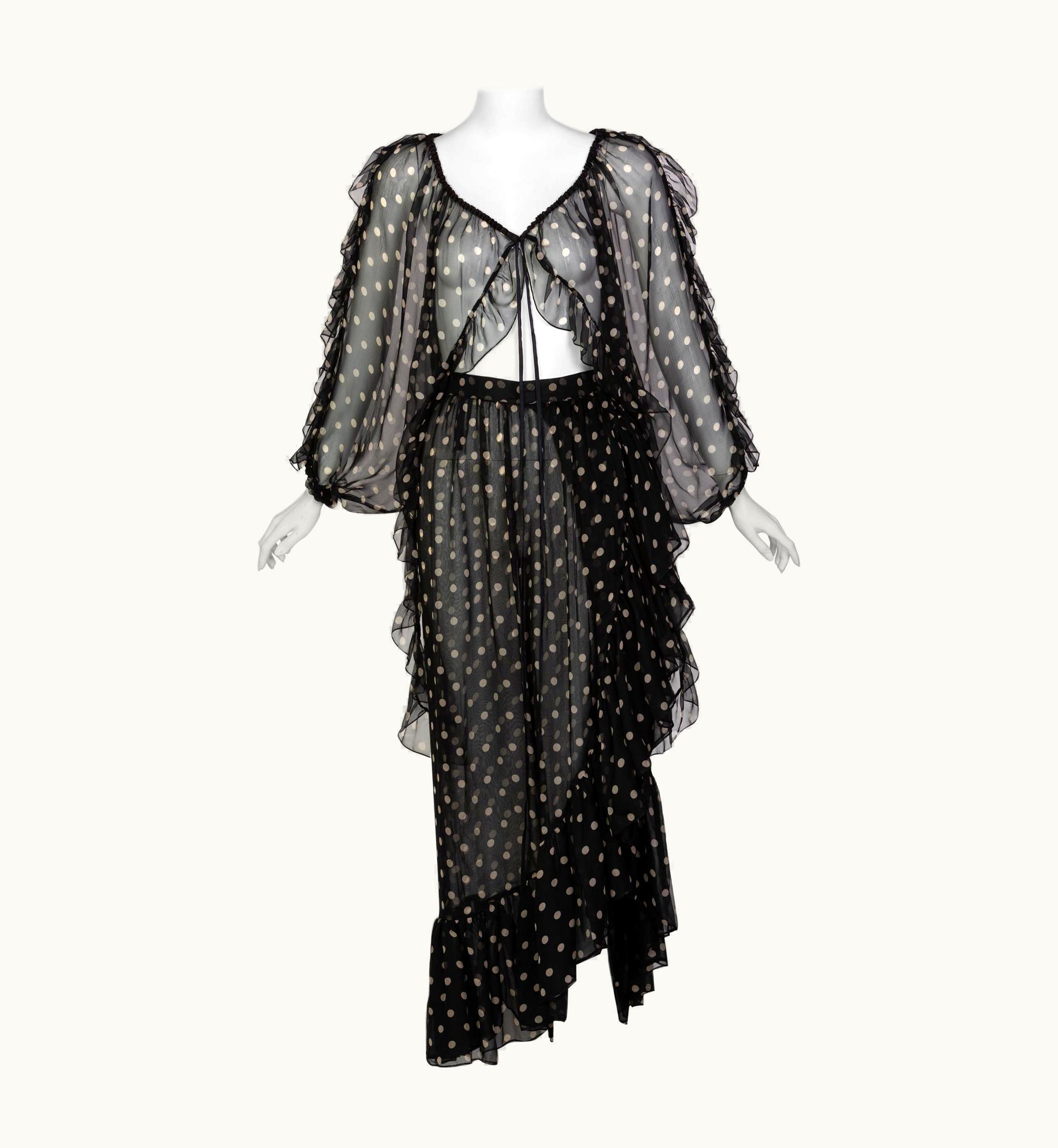 Saint Laurent Yves Saint Laurent Black Beige Polka Dot Ruffle Jacket Top Skirt Set YSL 1980s