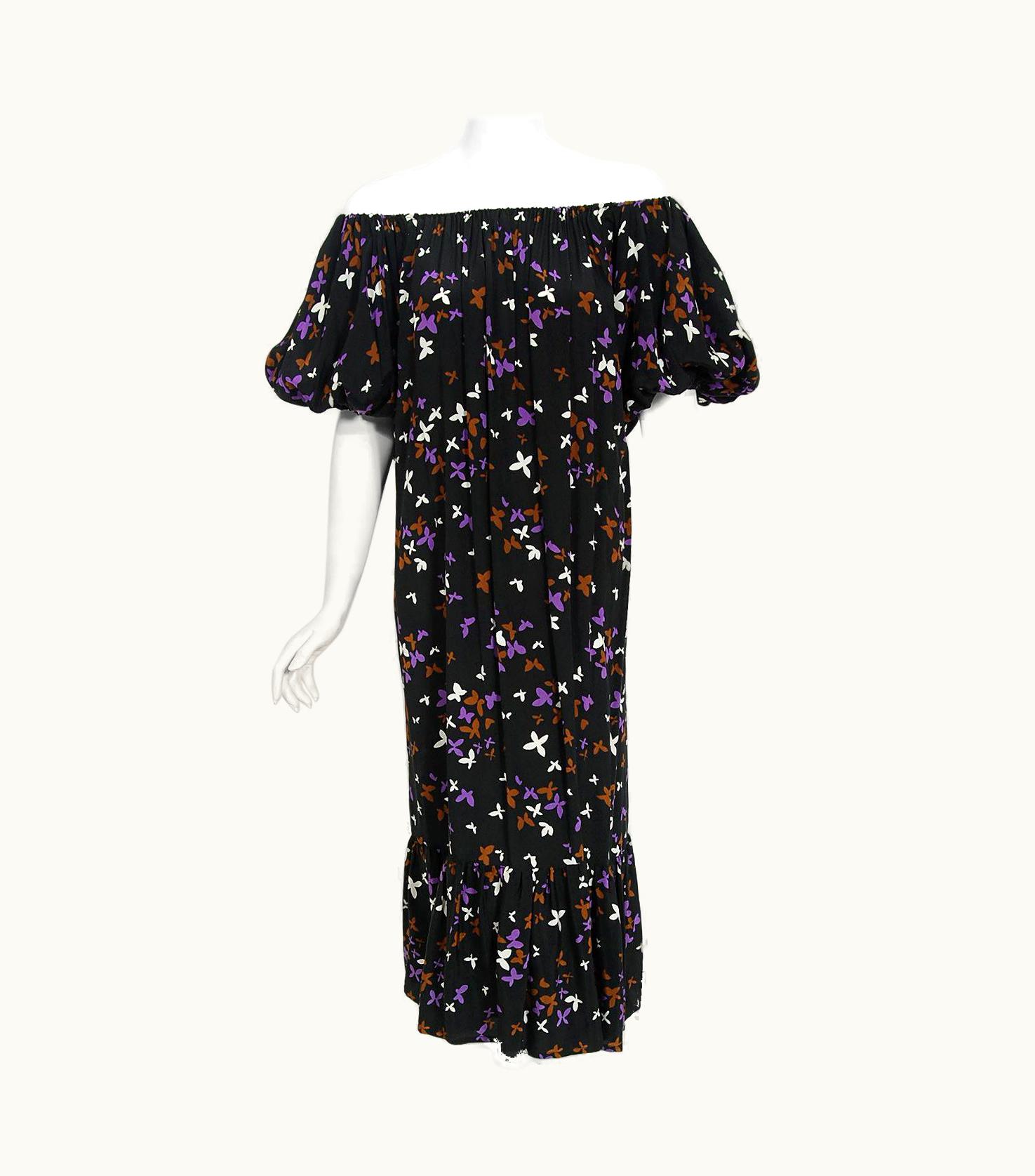 Saint Laurent Vintage 1978 Yves Saint Laurent Documented Butterfly Print Off-Shoulder Dress