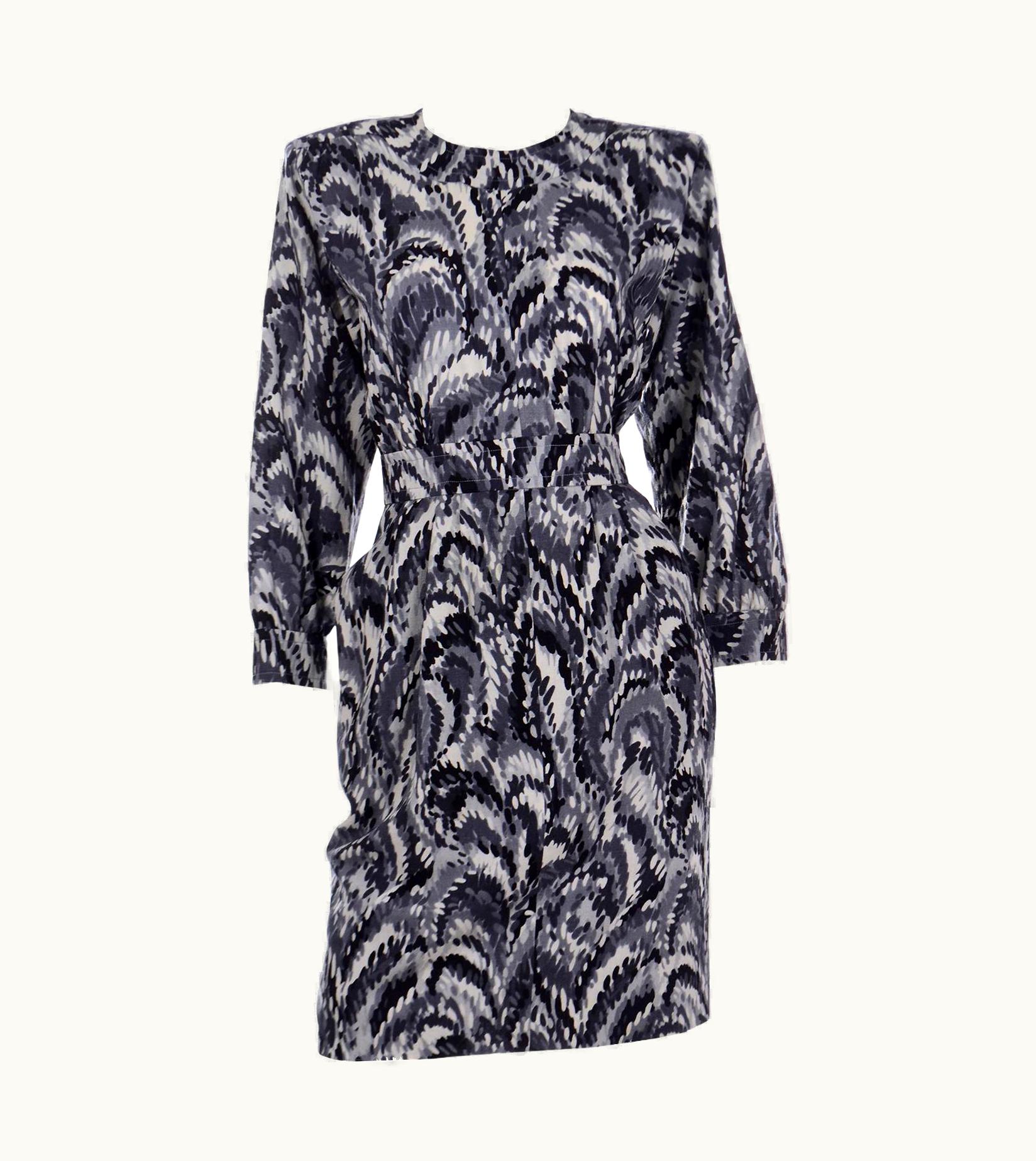 Saint Laurent 1985 Yves Saint Laurent Grey Abstract Print Runway Documented Vintage YSL Dress