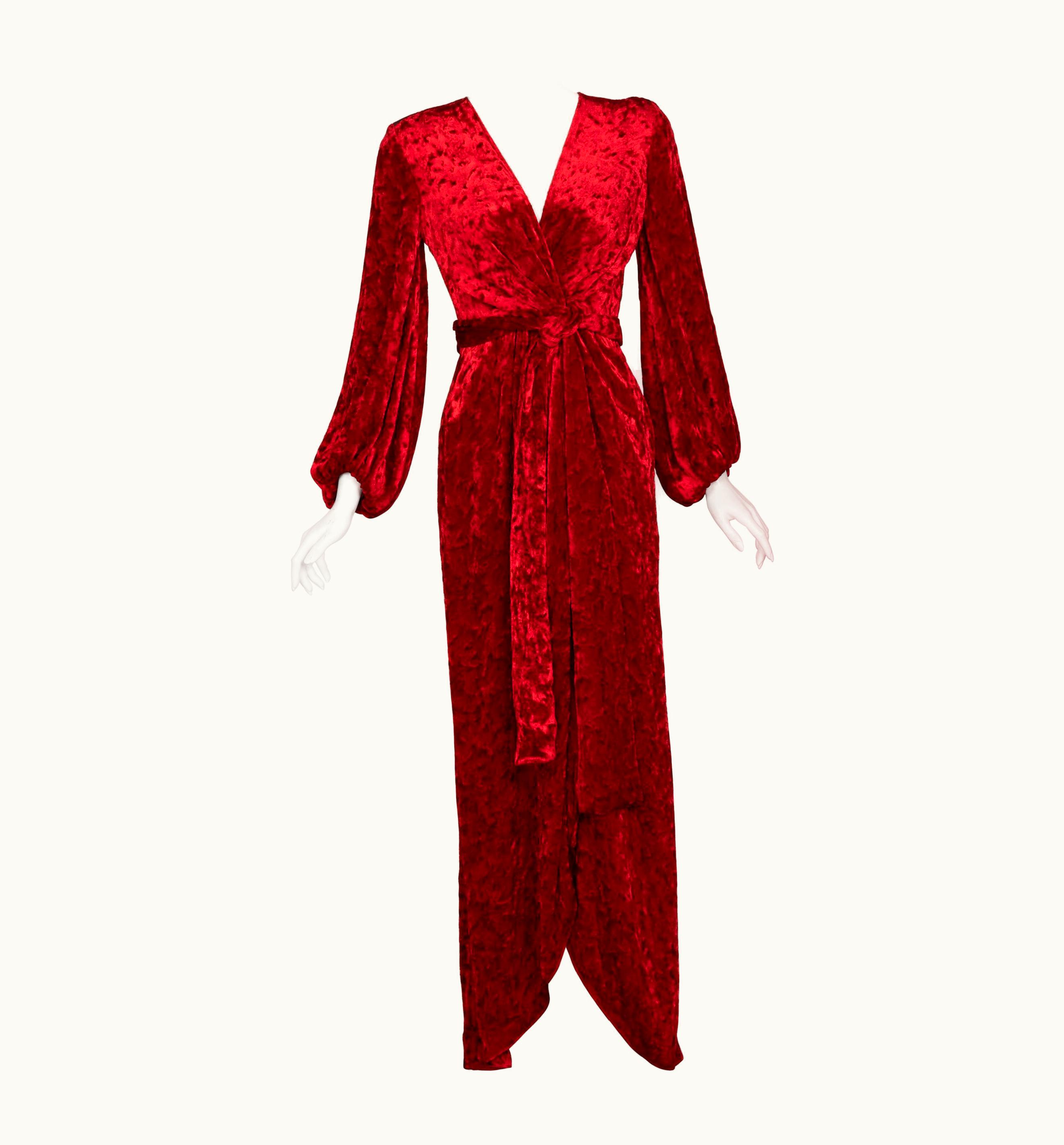 Saint Laurent Red Crushed Velvet Plunge Wrap Maxi Dress YSL Runway 1985