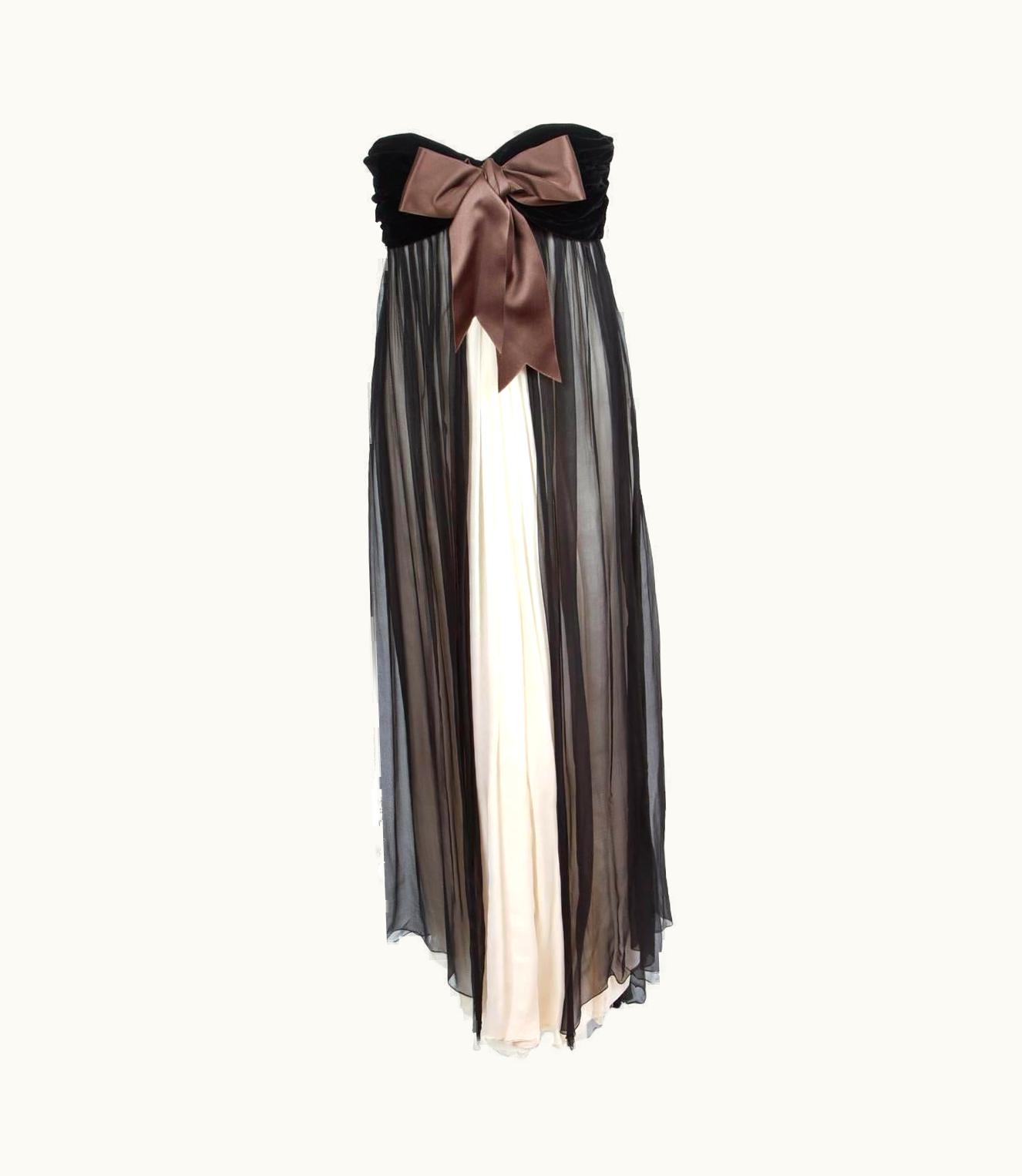 Saint Laurent 1985 Yves Saint Laurent Haute Couture Empire Chiffon&Velvet Evening Gown Dress
