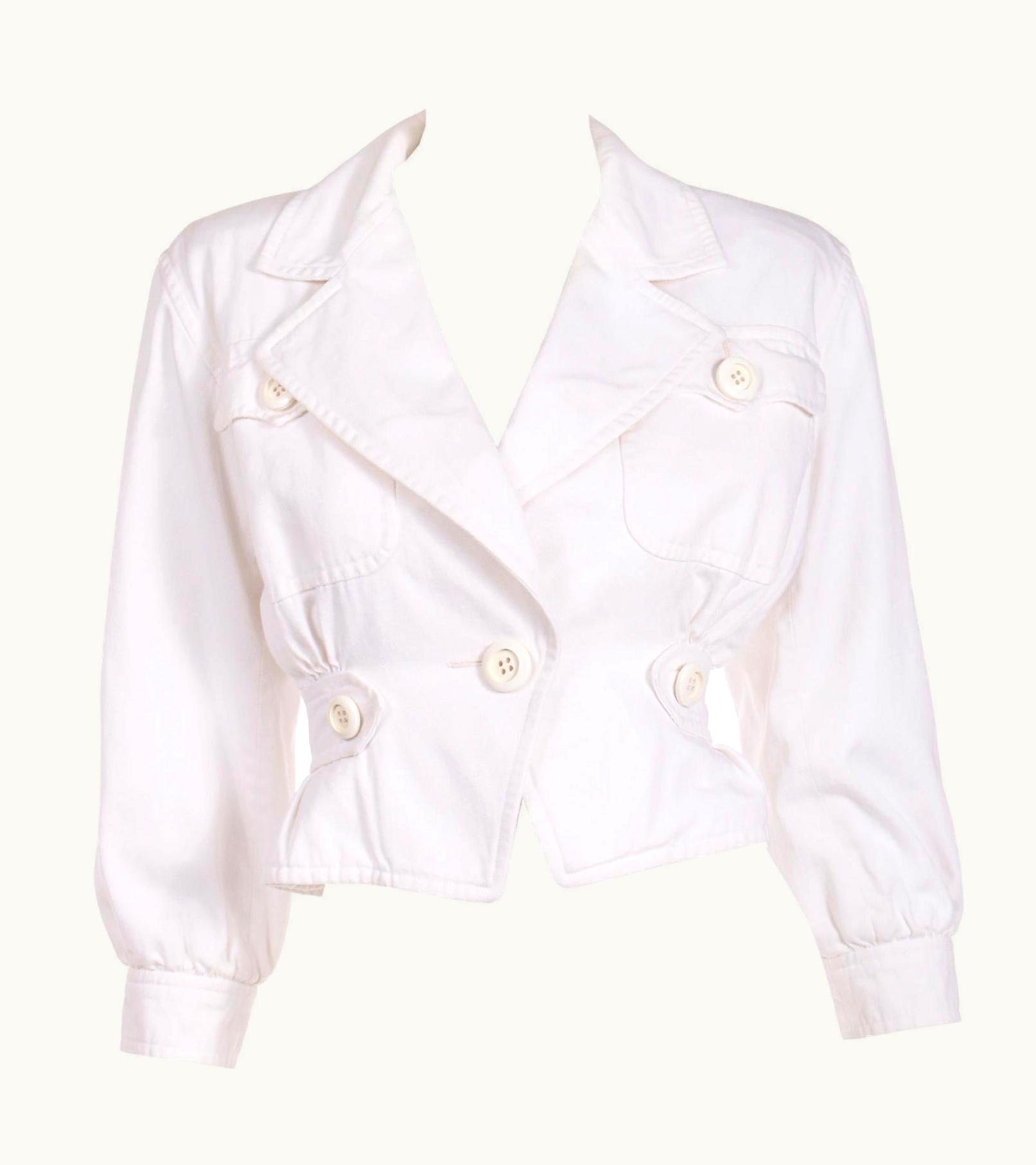 Saint Laurent 1986 Yves Saint Laurent Documented White Cotton Cinched Waist Cropped Jacket
