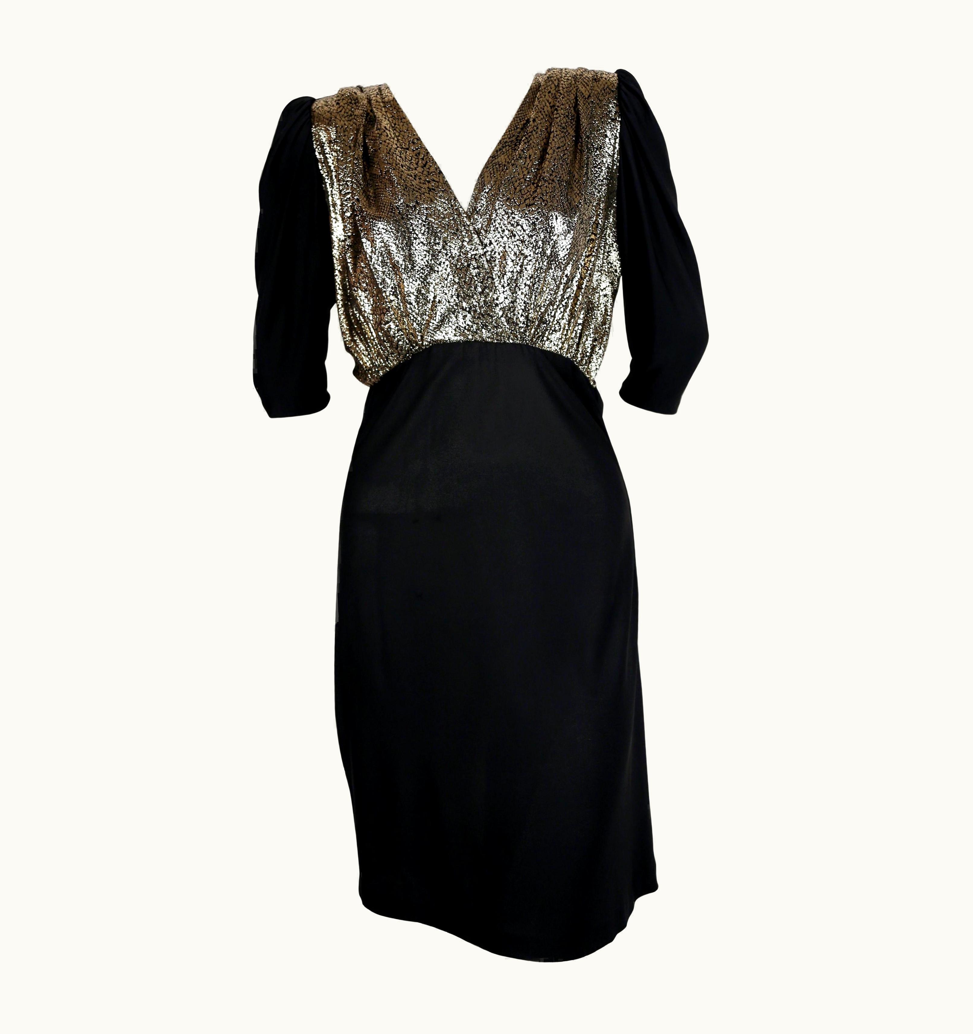 Saint Laurent 1986 Yves Saint Laurent Black Silk Jersey Runway Dress With Metallic Bodice